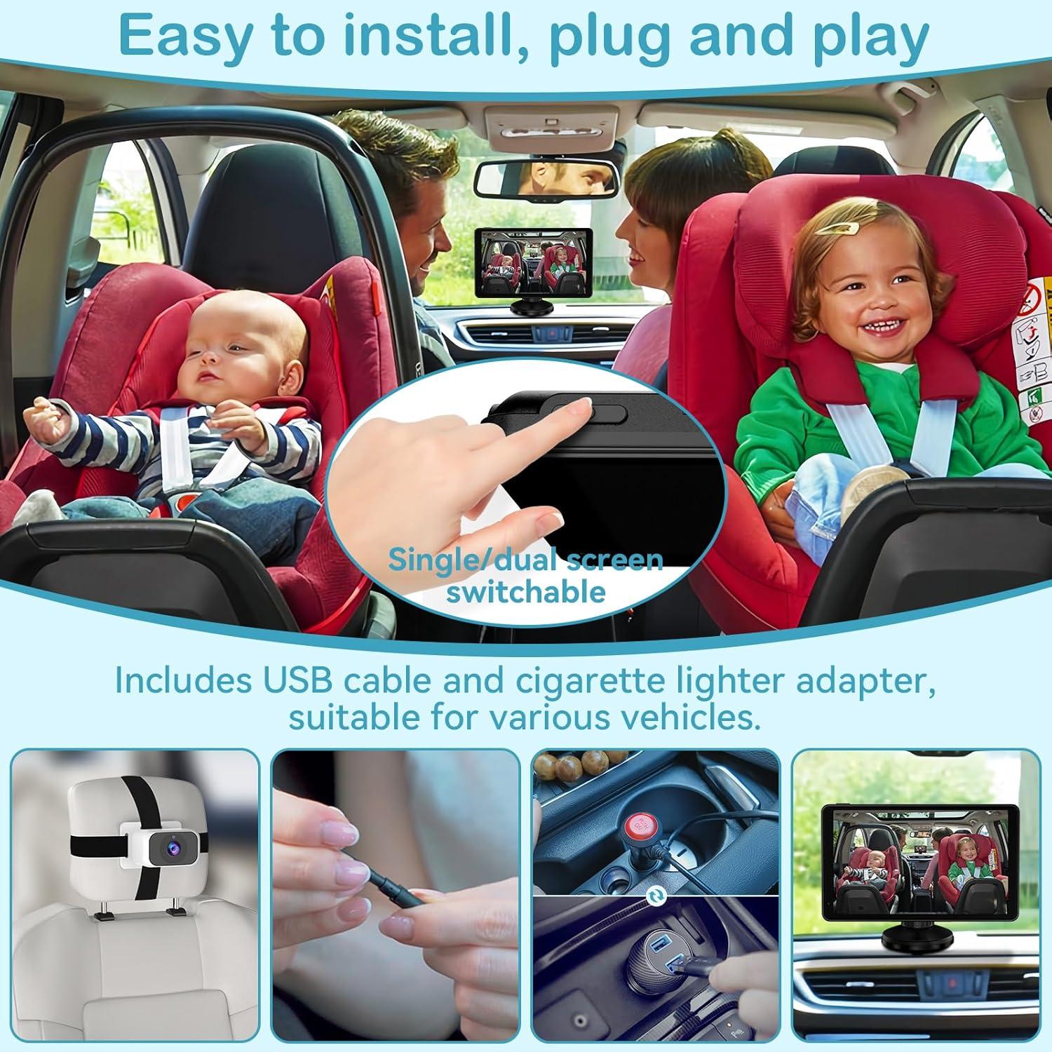 Baby Car Camera for 2-Kids: 7 Inch IPS Display with Dual Carseat Cameras, Split Screen, Night Vision, HD 1080P - USB Powered Easy Install Rear Facing Backseat Camera for Twins
