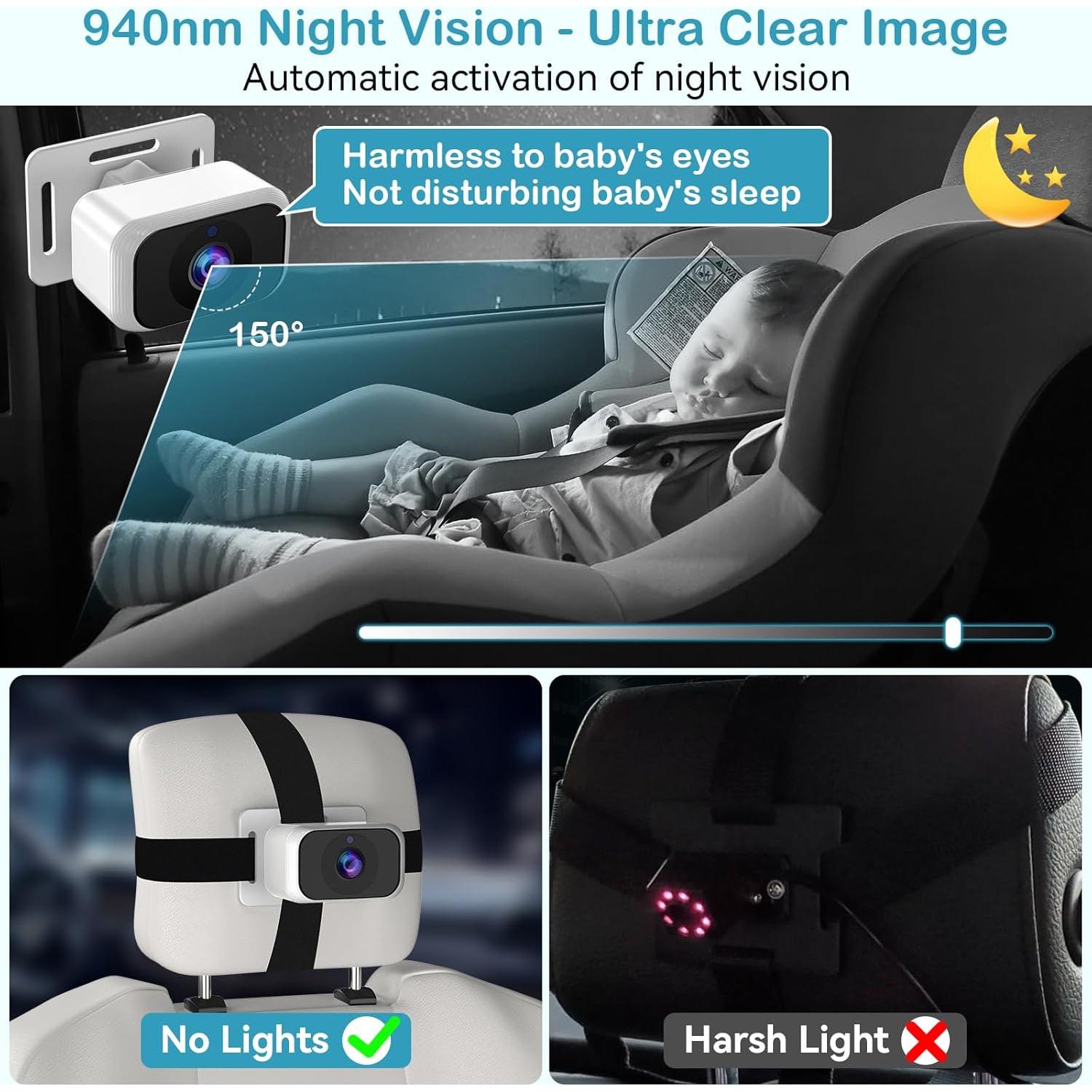 Baby Car Camera for 2-Kids: 7 Inch IPS Display with Dual Carseat Cameras, Split Screen, Night Vision, HD 1080P - USB Powered Easy Install Rear Facing Backseat Camera for Twins