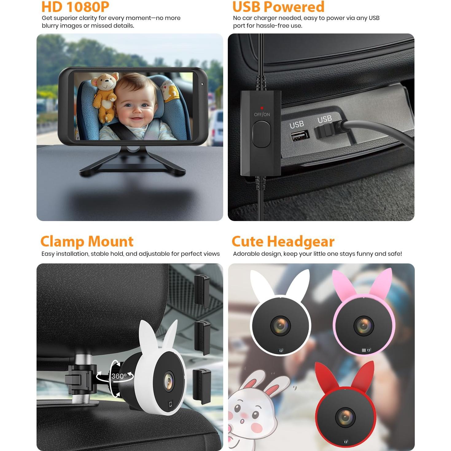 Cámara de Coche para Bebés 1080P HD USB con Monitor 17.1cm