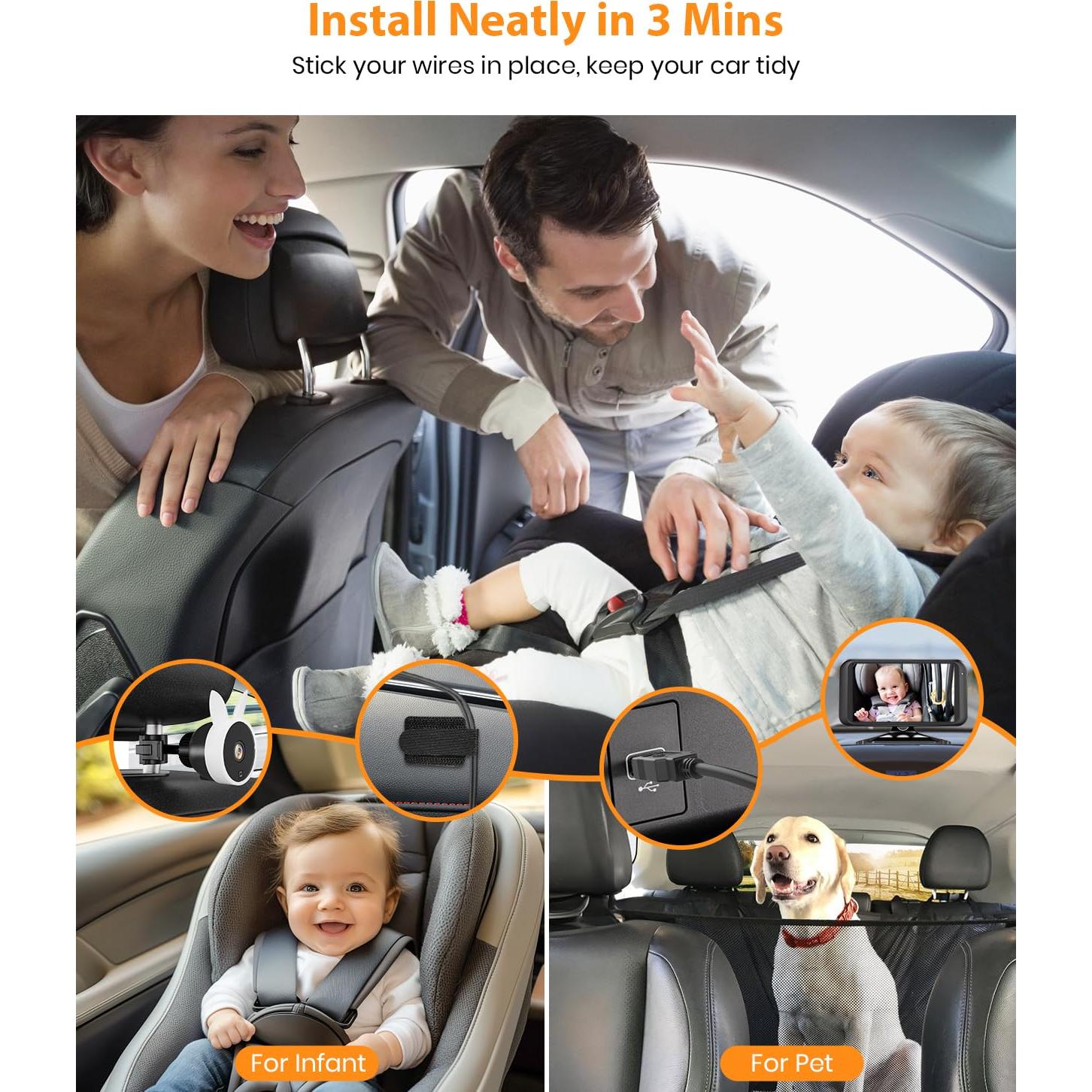 Cámara de Coche para Bebés 1080P HD USB con Monitor 17.1cm