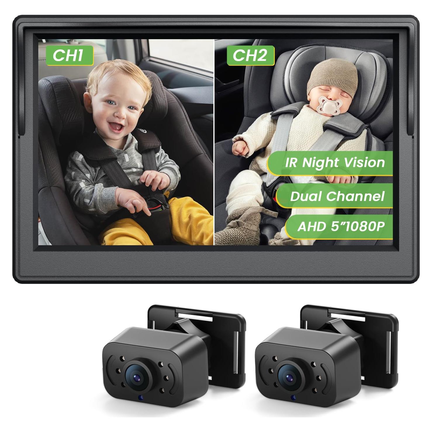 IPOZITO Car Camera for Baby Monitor for 2 Kids 5 inch Display HD 1080P Dual-Channel Baby Car Camera with IR Night Vision Adjustable Bracket Lengt Clear Wide View for Rear Facing Seat