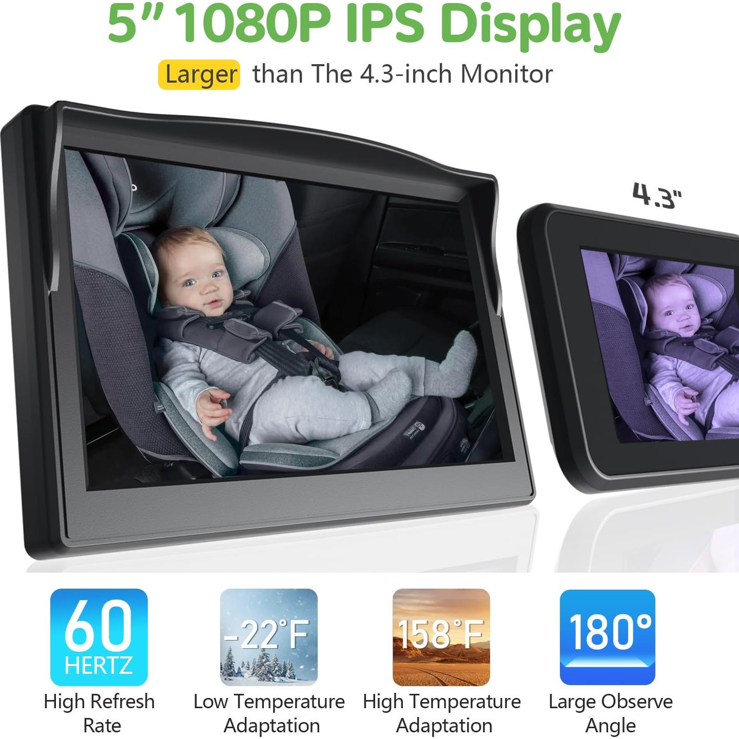 IPOZITO Car Camera for Baby Monitor for 2 Kids 5 inch Display HD 1080P Dual-Channel Baby Car Camera with IR Night Vision Adjustable Bracket Lengt Clear Wide View for Rear Facing Seat
