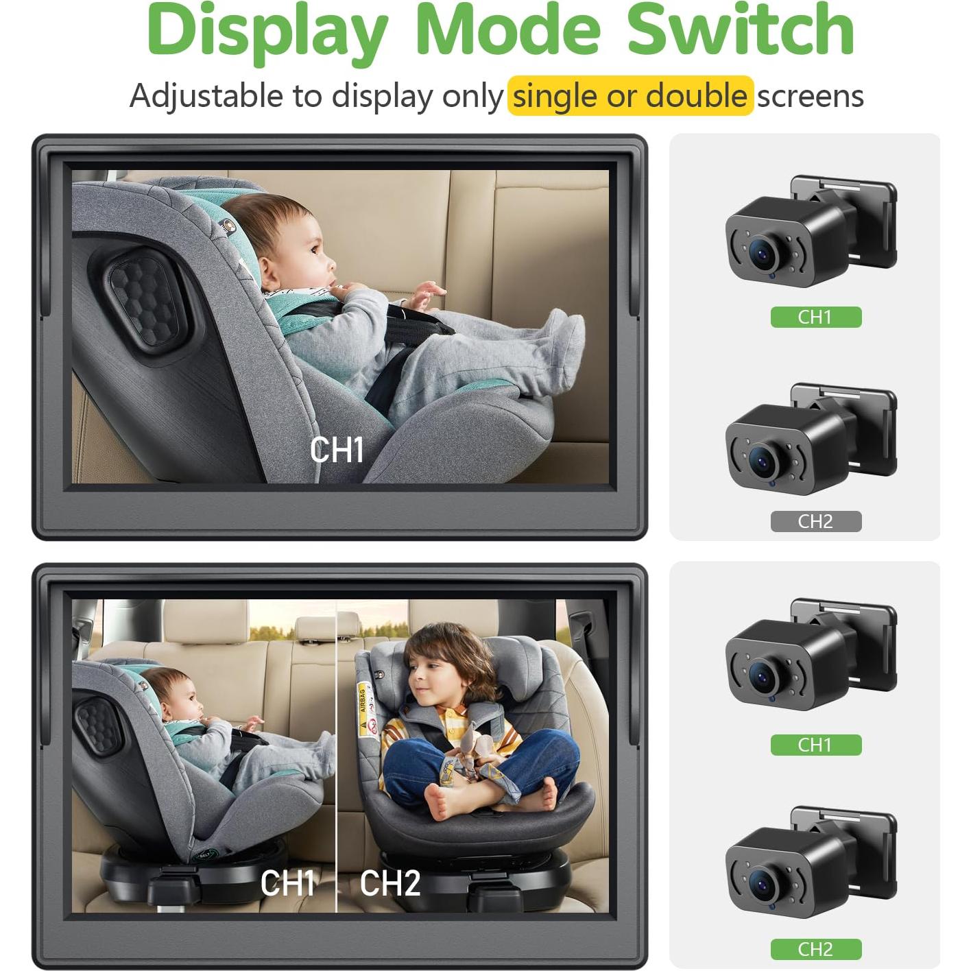 IPOZITO Car Camera for Baby Monitor for 2 Kids 5 inch Display HD 1080P Dual-Channel Baby Car Camera with IR Night Vision Adjustable Bracket Lengt Clear Wide View for Rear Facing Seat