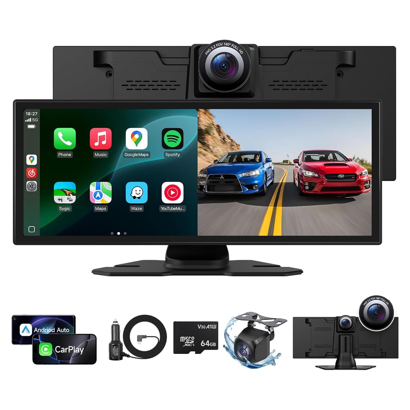 Upgrade Wireless Carplay Screen for Car with 4K Dash Cam, 11.26'' Portable A-pple CarPlay & Android Auto Car Stereo Touchscreen with Backup Camera, Mirror Link/GPS Navigation/Bluetooth/Siri/FM