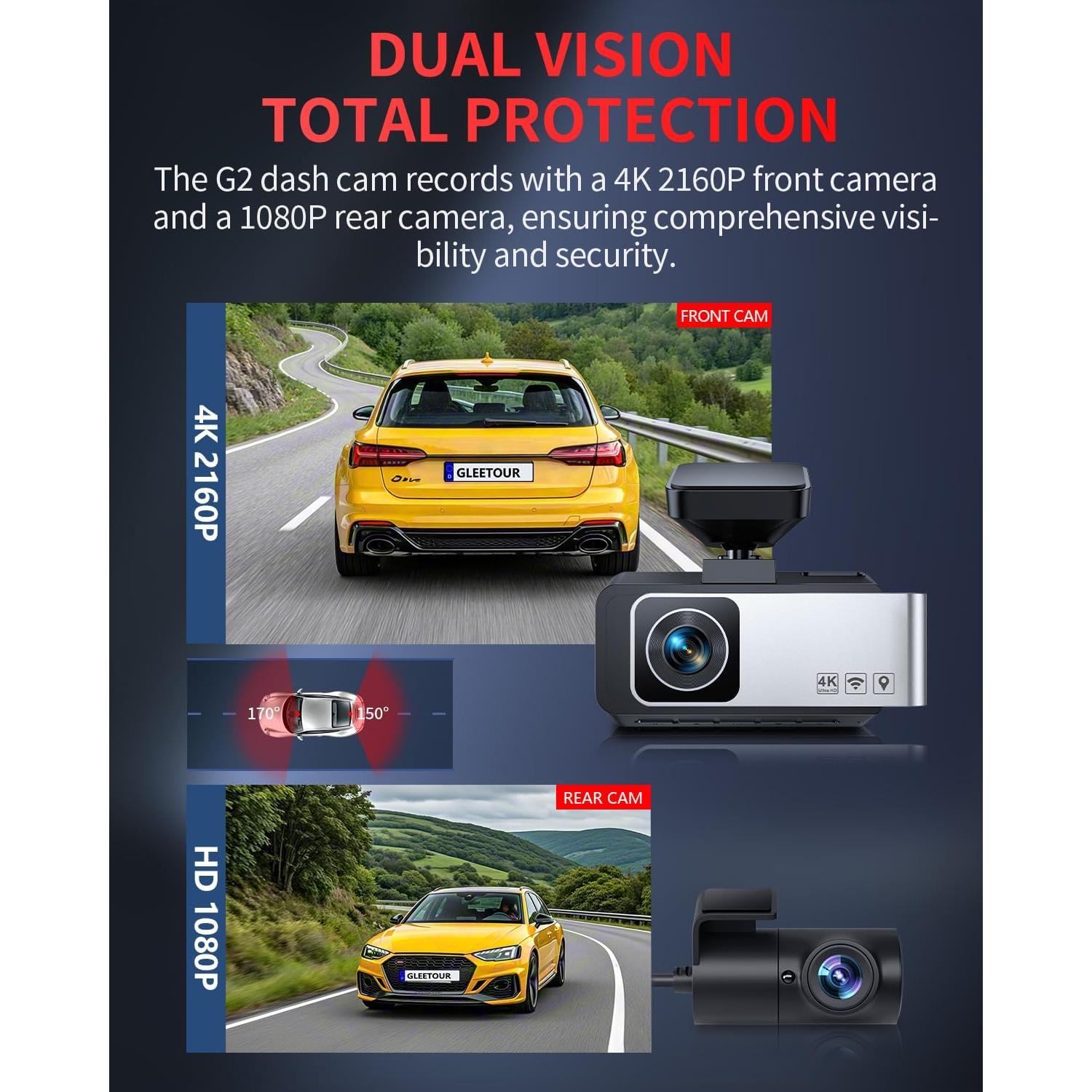 Cámara de tablero Gleetour G2 4K Dual con GPS y WiFi