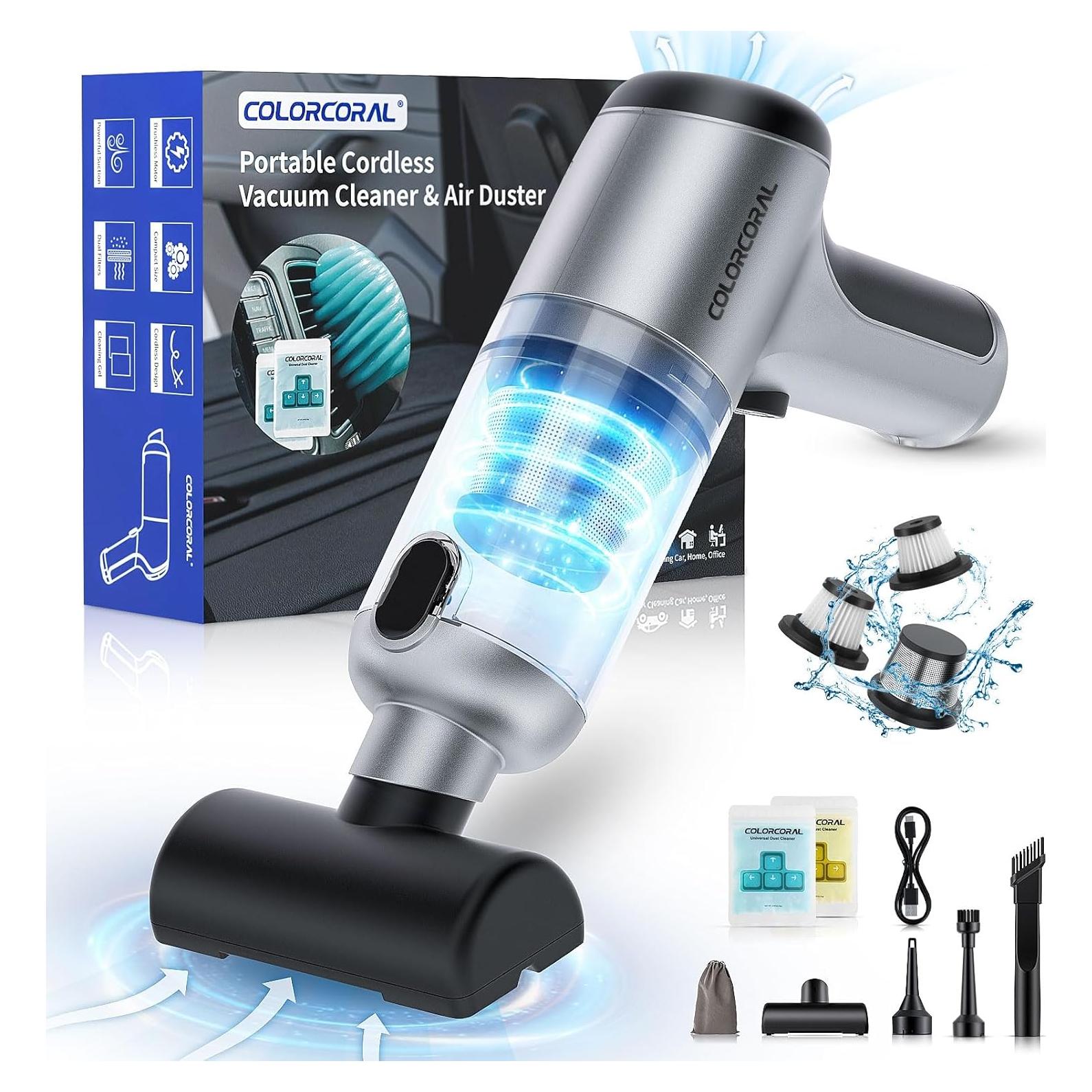 ColorCoral Portable Car Vacuum, Cordless Handheld Vacuum Cleaner with 2Pack Cleaning Gel, Air Duster Computer Vacuum Cordless Rechargeable for Car Interior, Keyboard Cleaner, Home Cleaning