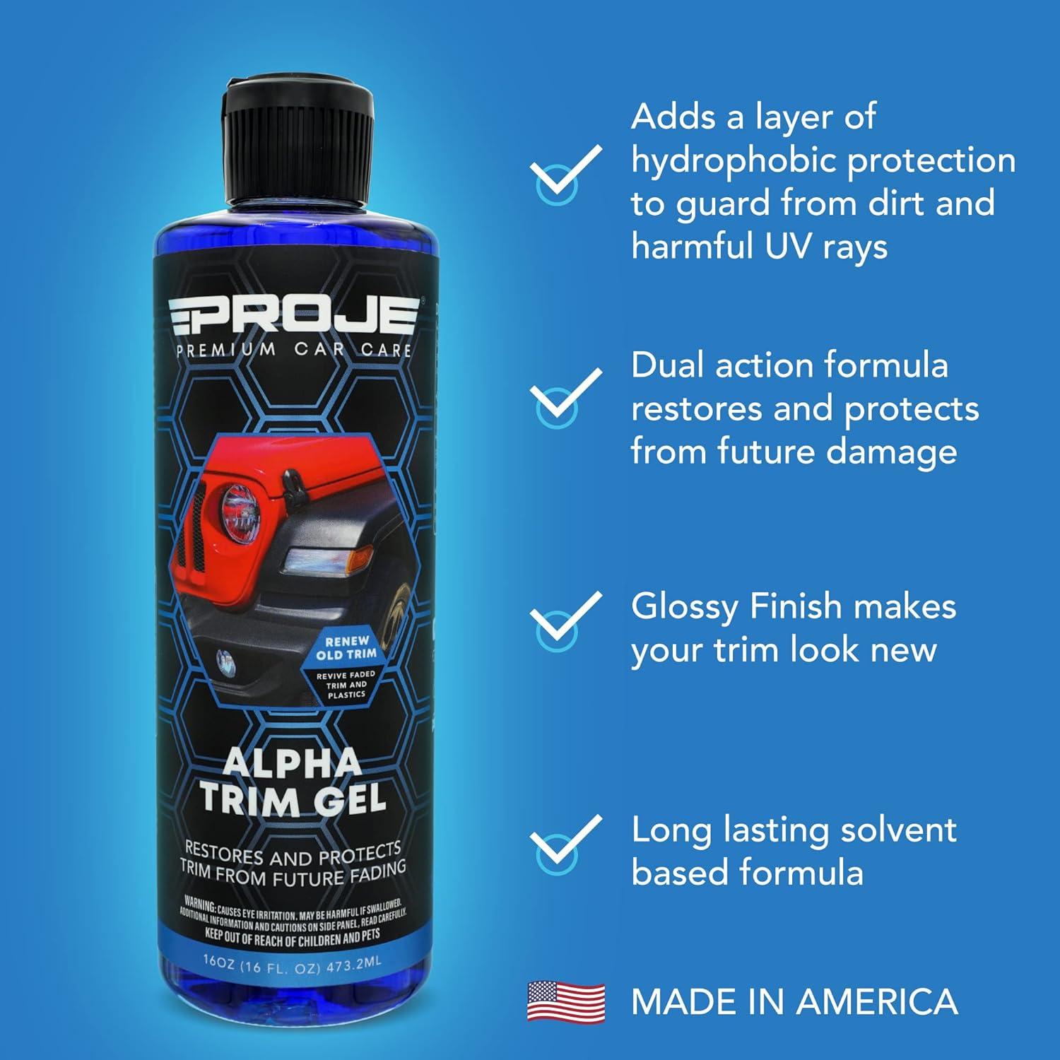 PROJE' Alpha Trim Gel - Plastic Restorer - Easy To Use Trim Coat for Cars - Restores Original Appearance - Long Lasting Shine - Auto Detailing Supplies - 16 Fl Oz Premium Car Care