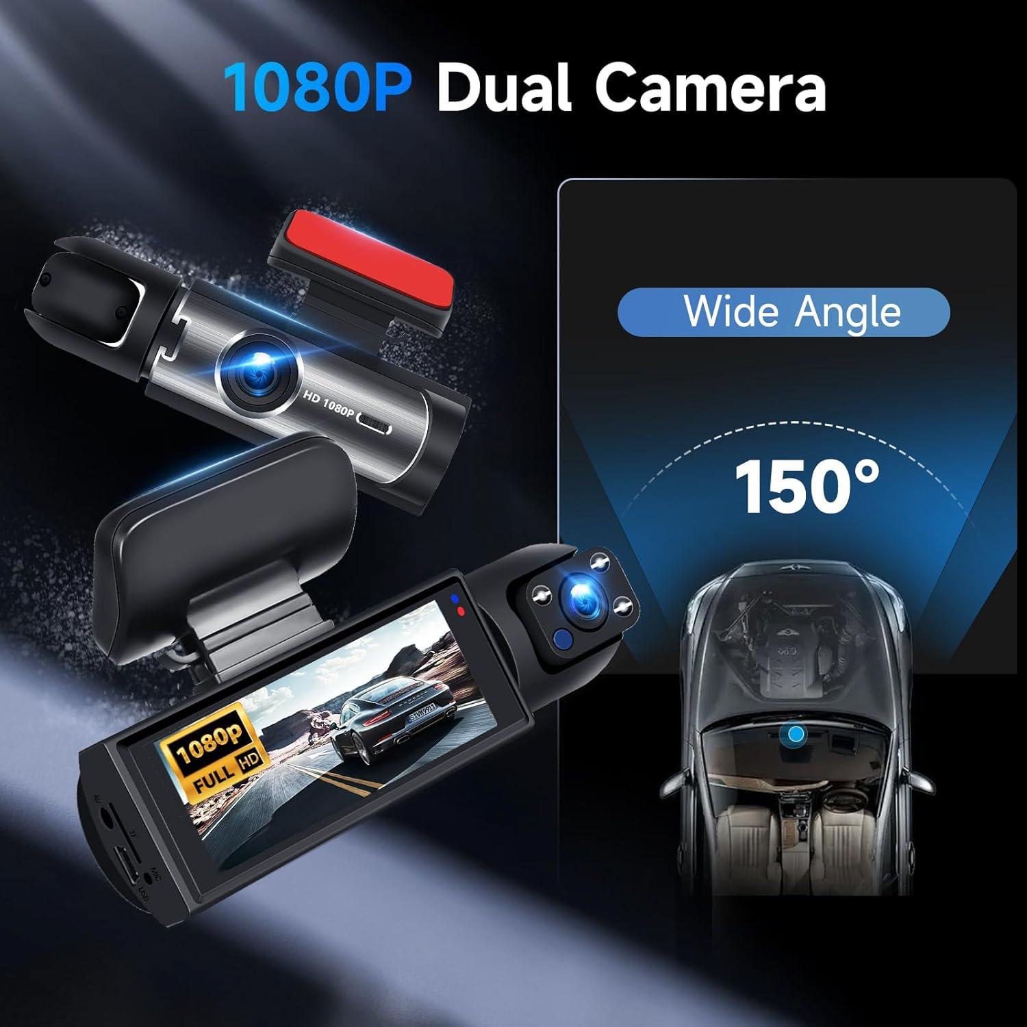 Dash Cam Front and Rear, 1080P+1080P HD Dual Dash Camera for Cars, Car Camera with 3.16" IPS Screen, Built in G-Sensor, 150° Wide Angle, Loop Recording, 24H Parking Monitor, Night Vision,64GB Card