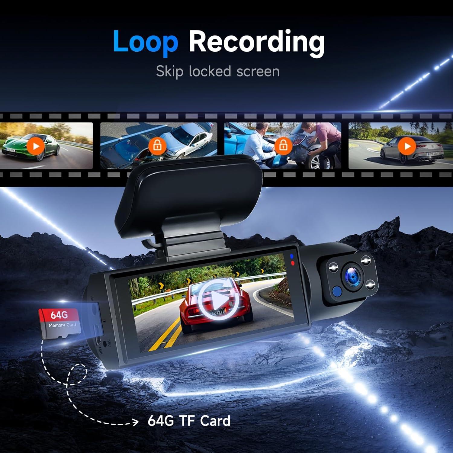 Dash Cam Front and Rear, 1080P+1080P HD Dual Dash Camera for Cars, Car Camera with 3.16" IPS Screen, Built in G-Sensor, 150° Wide Angle, Loop Recording, 24H Parking Monitor, Night Vision,64GB Card