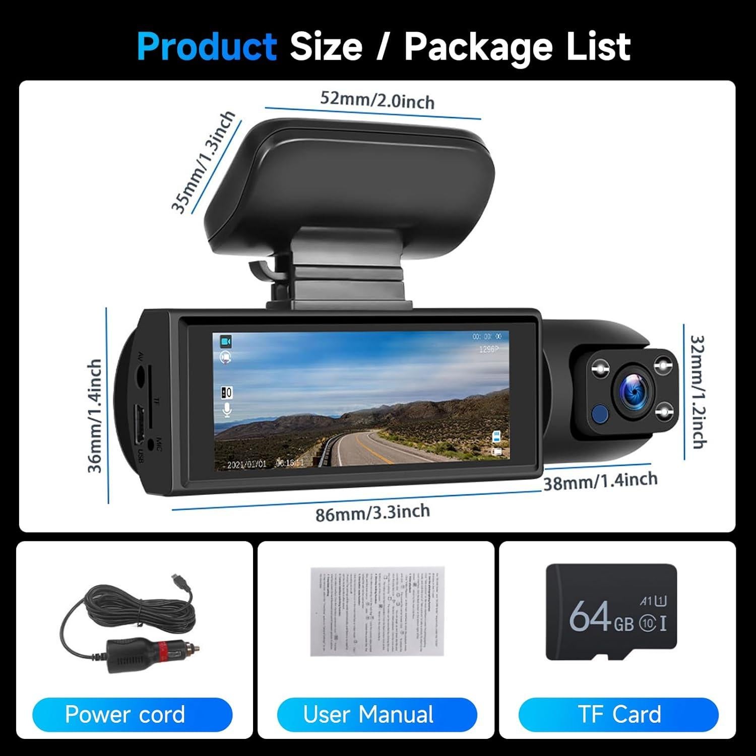 Dash Cam Front and Rear, 1080P+1080P HD Dual Dash Camera for Cars, Car Camera with 3.16" IPS Screen, Built in G-Sensor, 150° Wide Angle, Loop Recording, 24H Parking Monitor, Night Vision,64GB Card