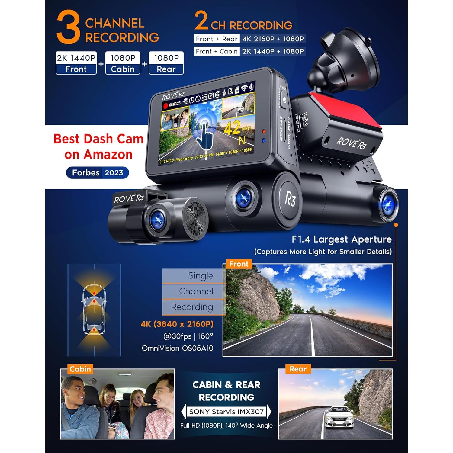 Cámara de Salpicadero ROVE R3 3 Canales 1440P GPS WiFi