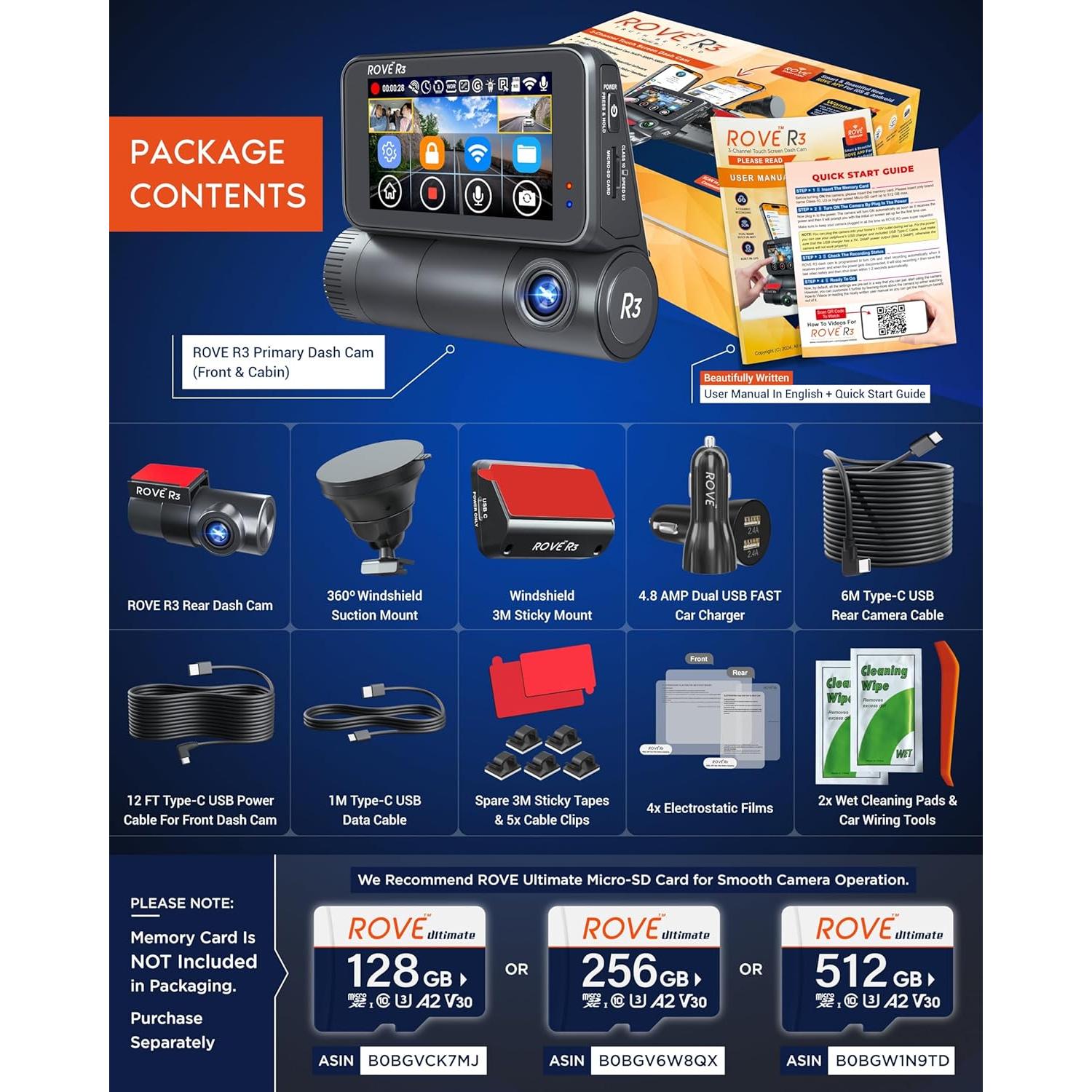 Cámara de Salpicadero ROVE R3 3 Canales 1440P GPS WiFi