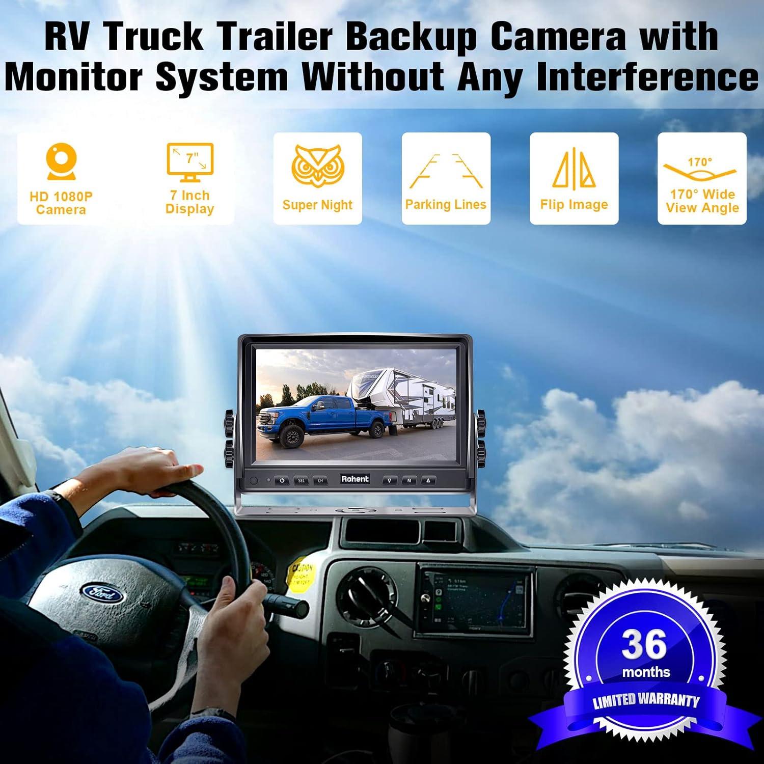 Dual RV Backup Camera System: 7" Monitor with Split Screen No Lag Easy Installation Plug and Play HD 1080P Rear View Camera Wired Kit IP69 Waterproof IR Crystal Night Vision for Truck Tractor R4