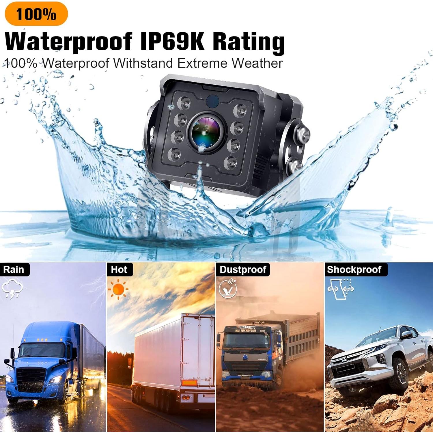 Dual RV Backup Camera System: 7" Monitor with Split Screen No Lag Easy Installation Plug and Play HD 1080P Rear View Camera Wired Kit IP69 Waterproof IR Crystal Night Vision for Truck Tractor R4