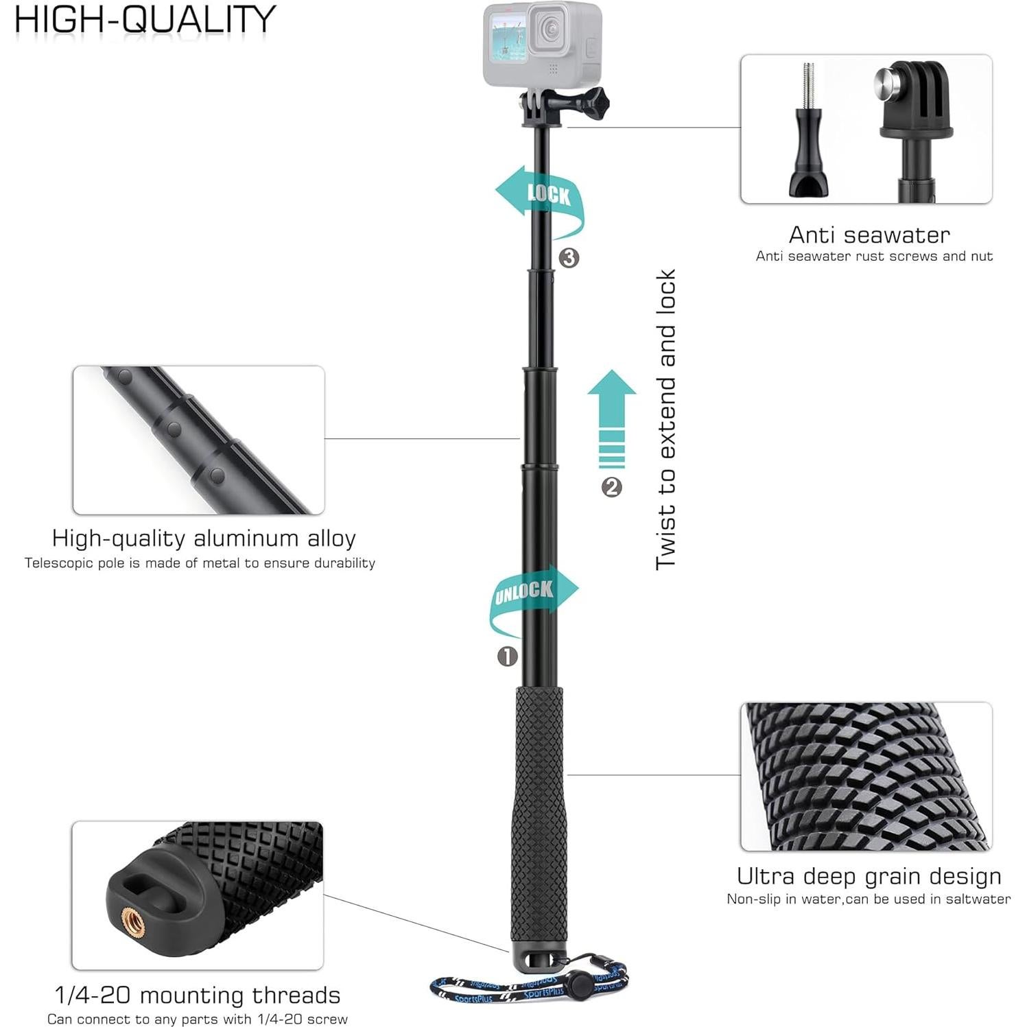 Palo de Selfie Impermeable GEPULY 116.8 cm para GoPro y Móviles