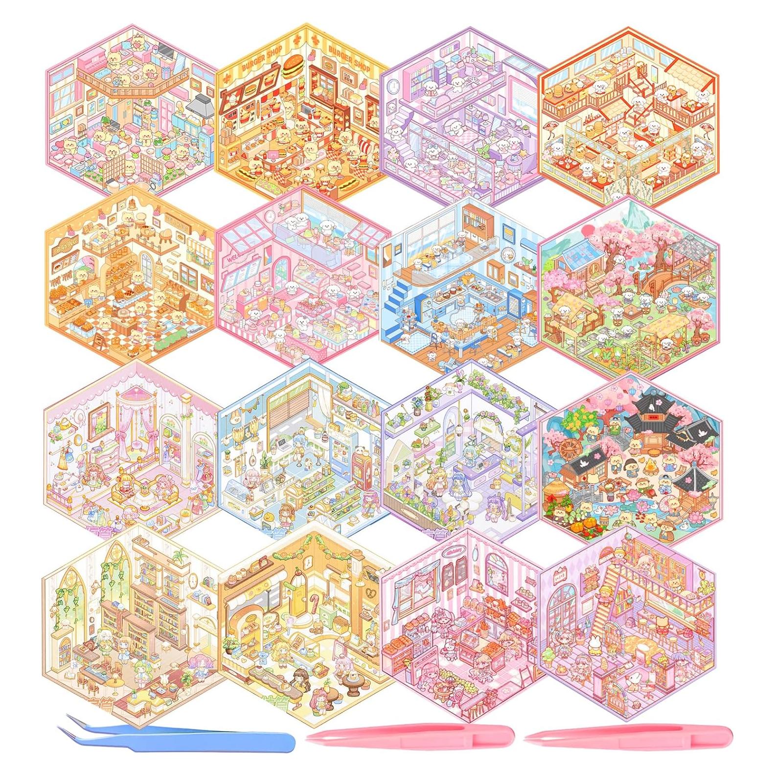 16 Sets 3D Sticker Scene, DIY Kawaii Sticker Therapy for Adult, Make Your Own Mini Supermarket Coffee Restaurant Bookstore... Cute Cartoon Scene Stickers for Adult Relief Stress Pass the Time (Set 16)