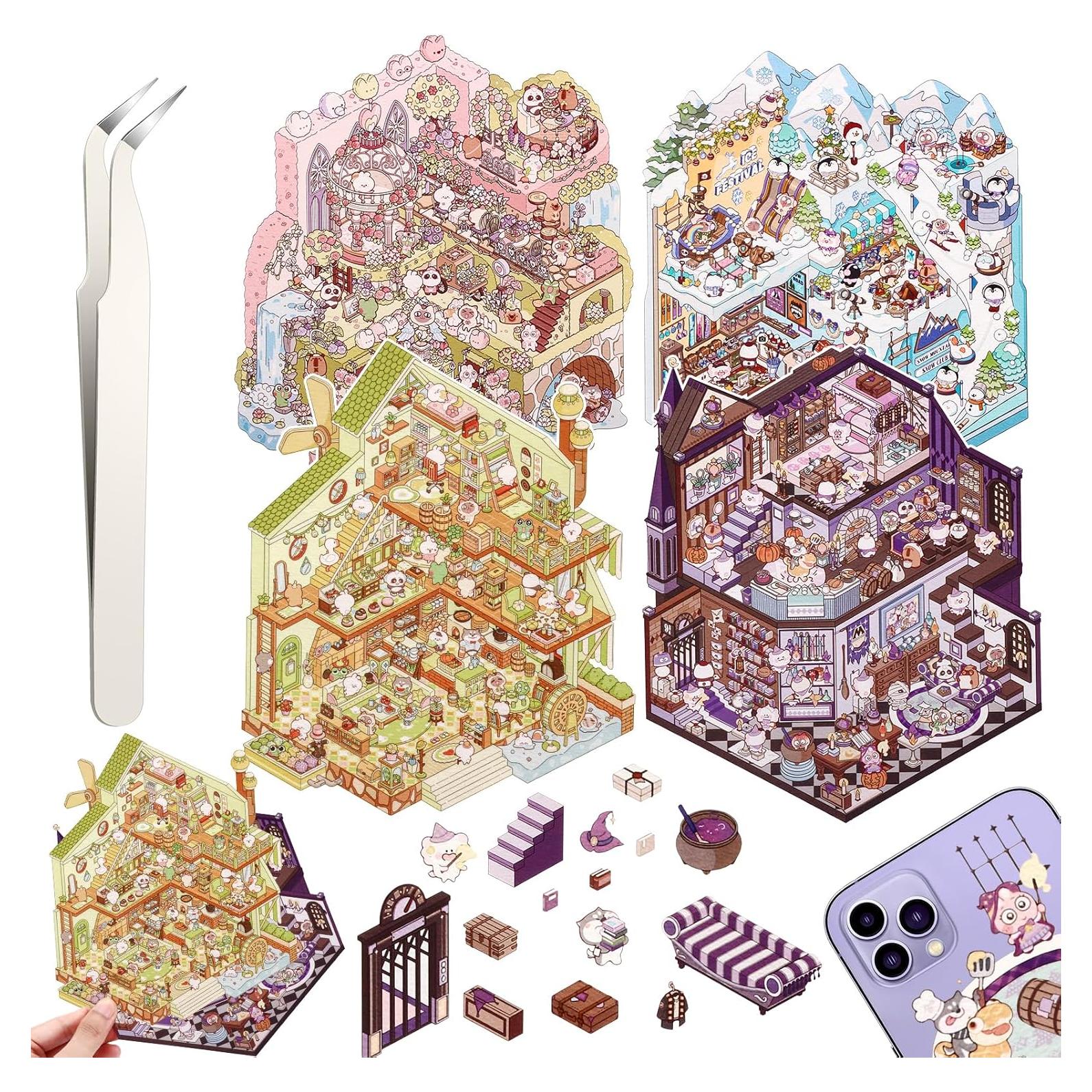 DIY 3D House Stickers, 4 Set Fun DIY Stickers Scene Make Your Own Warm Home, Supermarket, Coffee Shop, Music Bar, Cute 3D Cartoon Scene Sticker for Adult Kids Relief Stress Pass The Time (XMPLUS2.0)