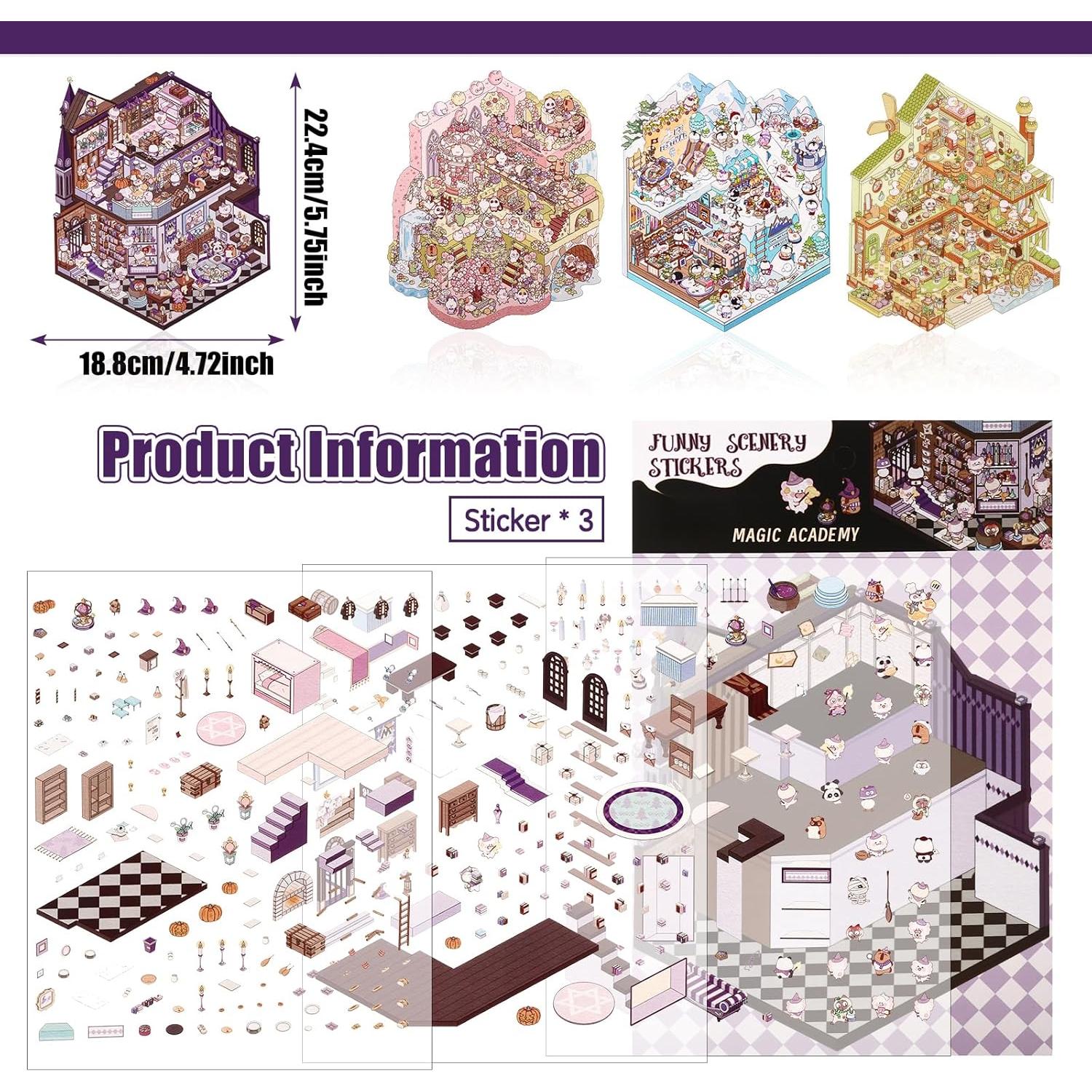 DIY 3D House Stickers, 4 Set Fun DIY Stickers Scene Make Your Own Warm Home, Supermarket, Coffee Shop, Music Bar, Cute 3D Cartoon Scene Sticker for Adult Kids Relief Stress Pass The Time (XMPLUS2.0)