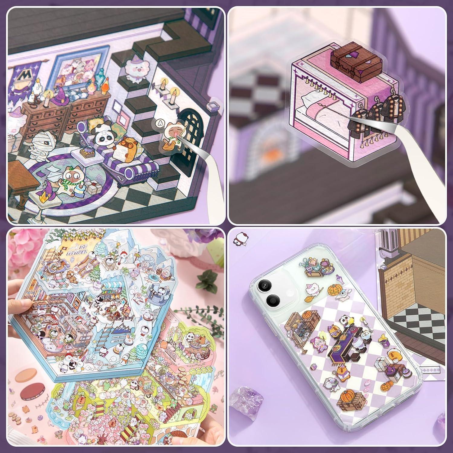 DIY 3D House Stickers, 4 Set Fun DIY Stickers Scene Make Your Own Warm Home, Supermarket, Coffee Shop, Music Bar, Cute 3D Cartoon Scene Sticker for Adult Kids Relief Stress Pass The Time (XMPLUS2.0)