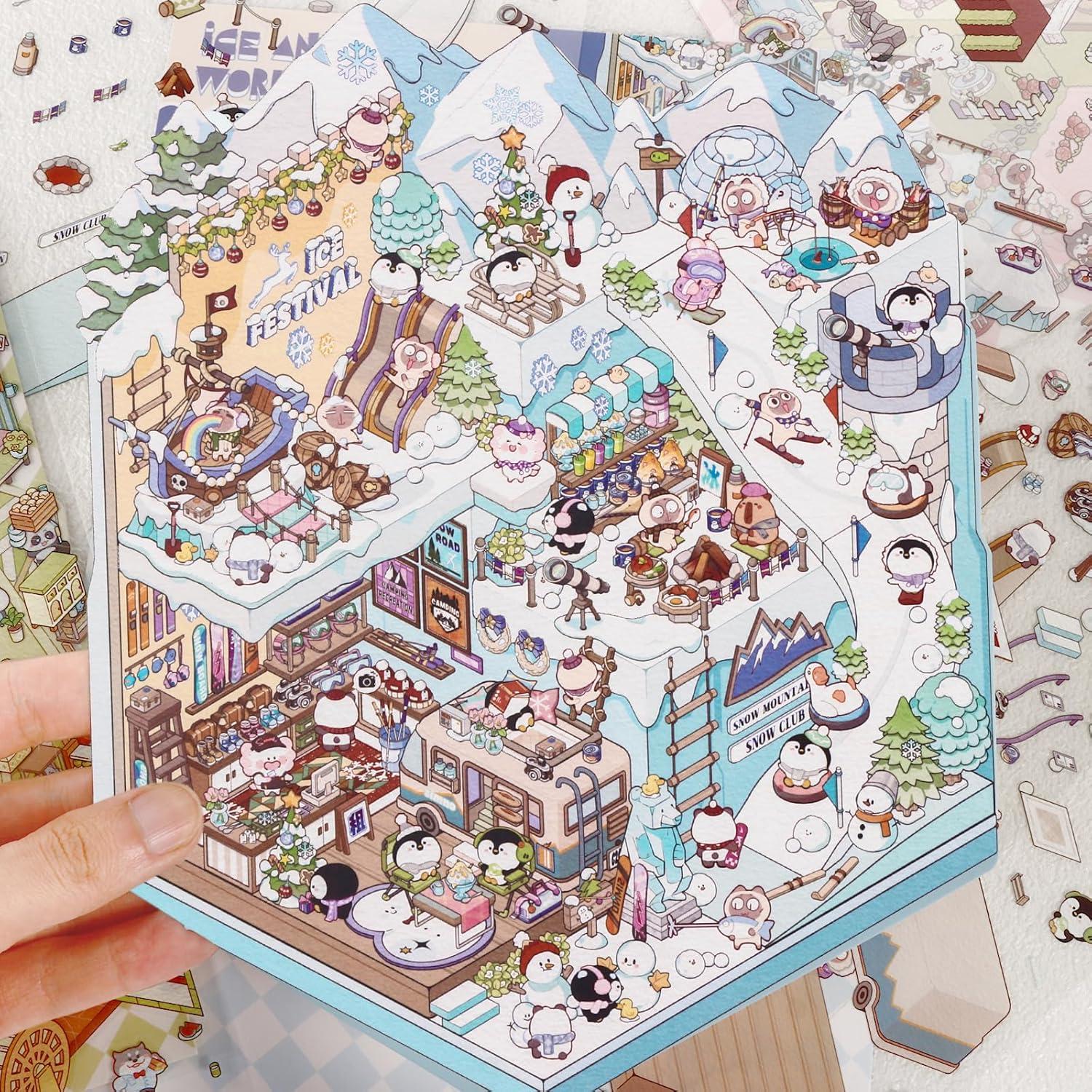 DIY 3D House Stickers, 4 Set Fun DIY Stickers Scene Make Your Own Warm Home, Supermarket, Coffee Shop, Music Bar, Cute 3D Cartoon Scene Sticker for Adult Kids Relief Stress Pass The Time (XMPLUS2.0)