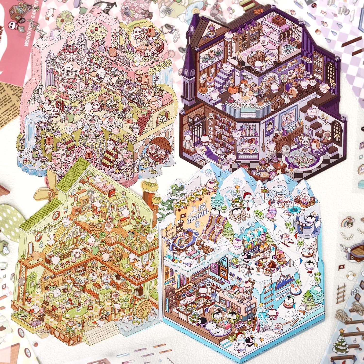 DIY 3D House Stickers, 4 Set Fun DIY Stickers Scene Make Your Own Warm Home, Supermarket, Coffee Shop, Music Bar, Cute 3D Cartoon Scene Sticker for Adult Kids Relief Stress Pass The Time (XMPLUS2.0)