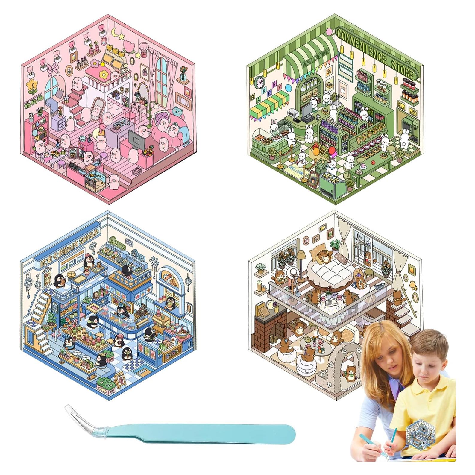 4 Sets DIY 3D House Stickers, Fun DIY 3D Miniature Scene Sticker Therapy for Adults, Cute Korean Cartoon Sticker Scenes, Make Your Own Puffy Stickers