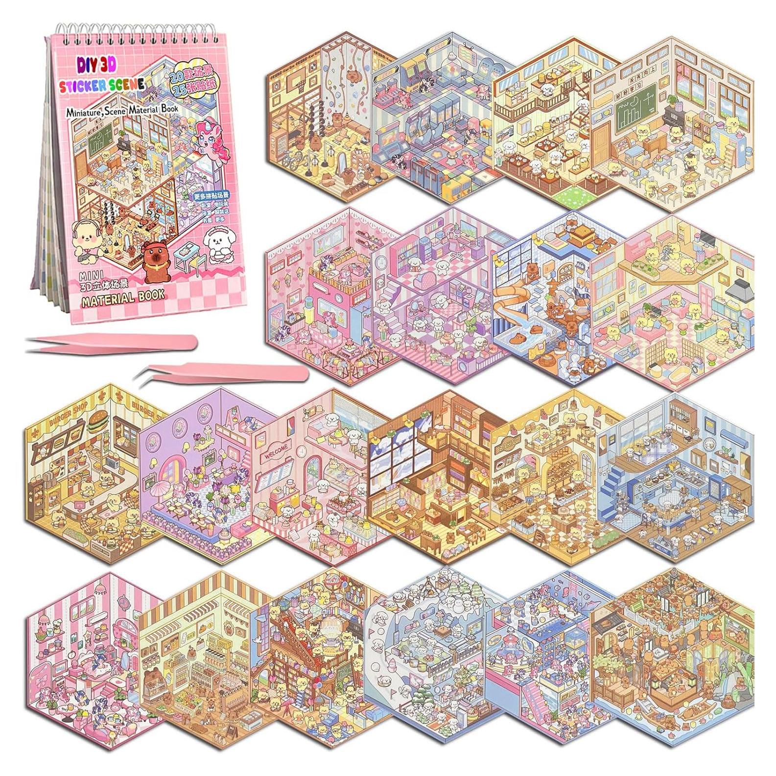 20 Sets DIY 3D Sticker Scene, Sticker Therapy Scenes Collection Book for Adults Stress Relief Pass The Time, Make Your Own House Miniature Cute Cartoon Animal Isometric Scene Funny Stickers for Kids