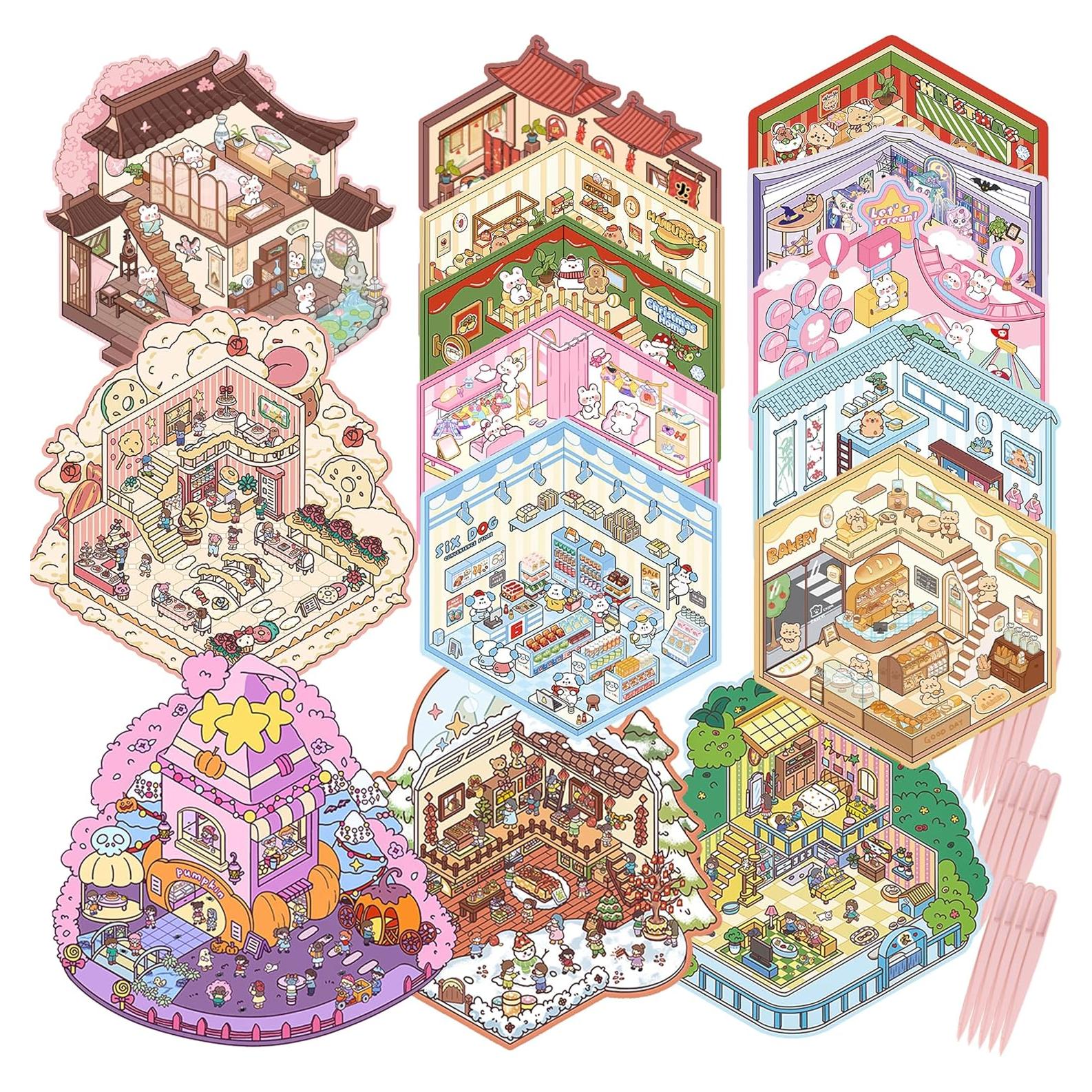 15 Sets DIY 3D House Stickers, Miniature Scene Stickers with Greeting Cards, Cute and Funny Cartoon Sticker Scenes, Make Your Own Stickers