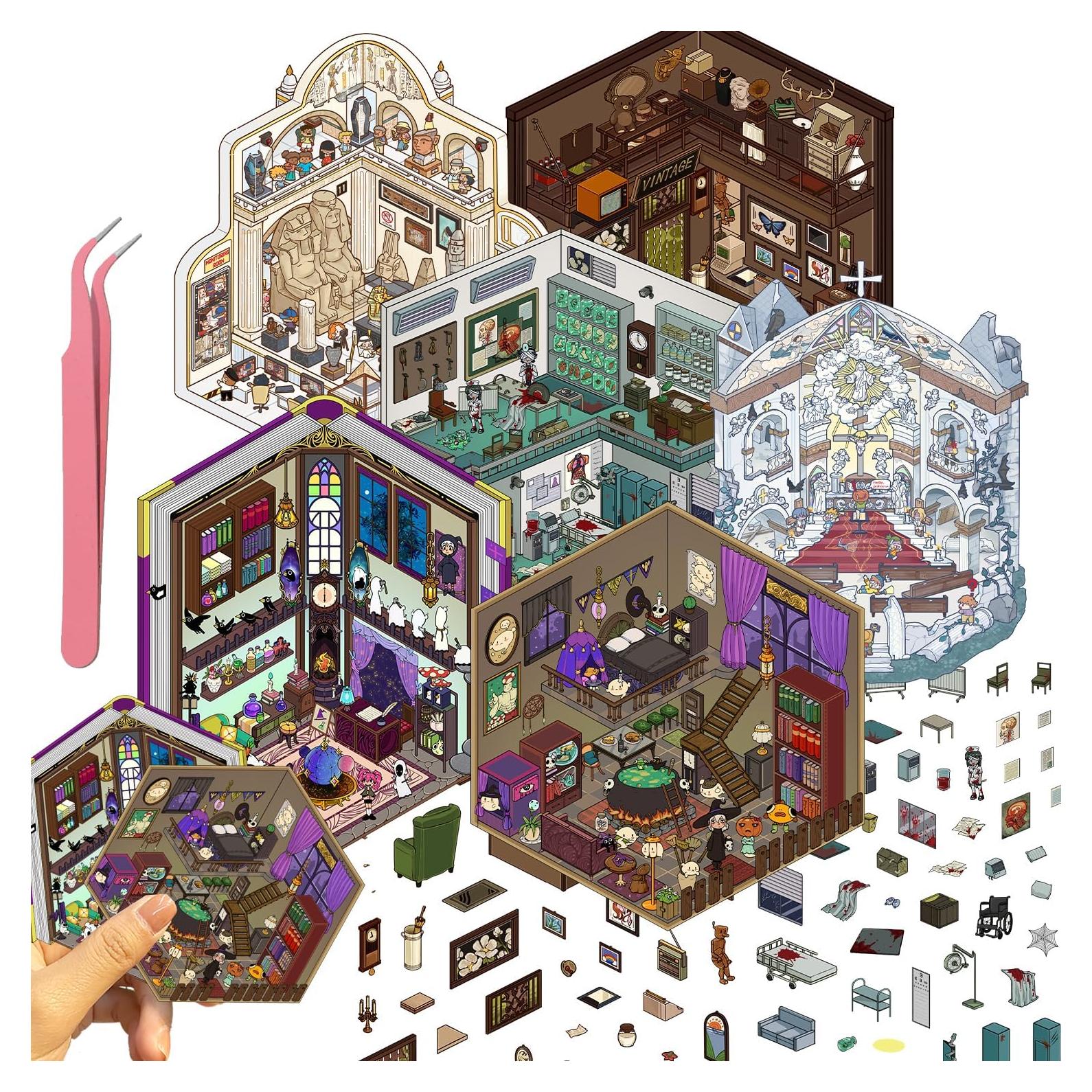 Set de 6 Hojas Stickers 3D YOKSAS - Escenas Miniatura Vintage