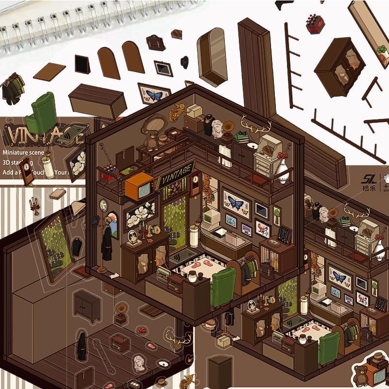 Set de 6 Hojas Stickers 3D YOKSAS - Escenas Miniatura Vintage