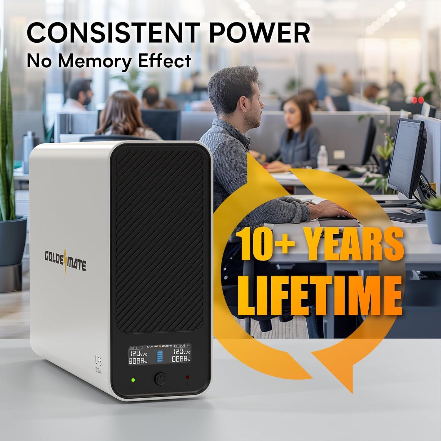 UPS 1000VA GOLDENMATE 800W 8 Salidas Batería LiFePO4