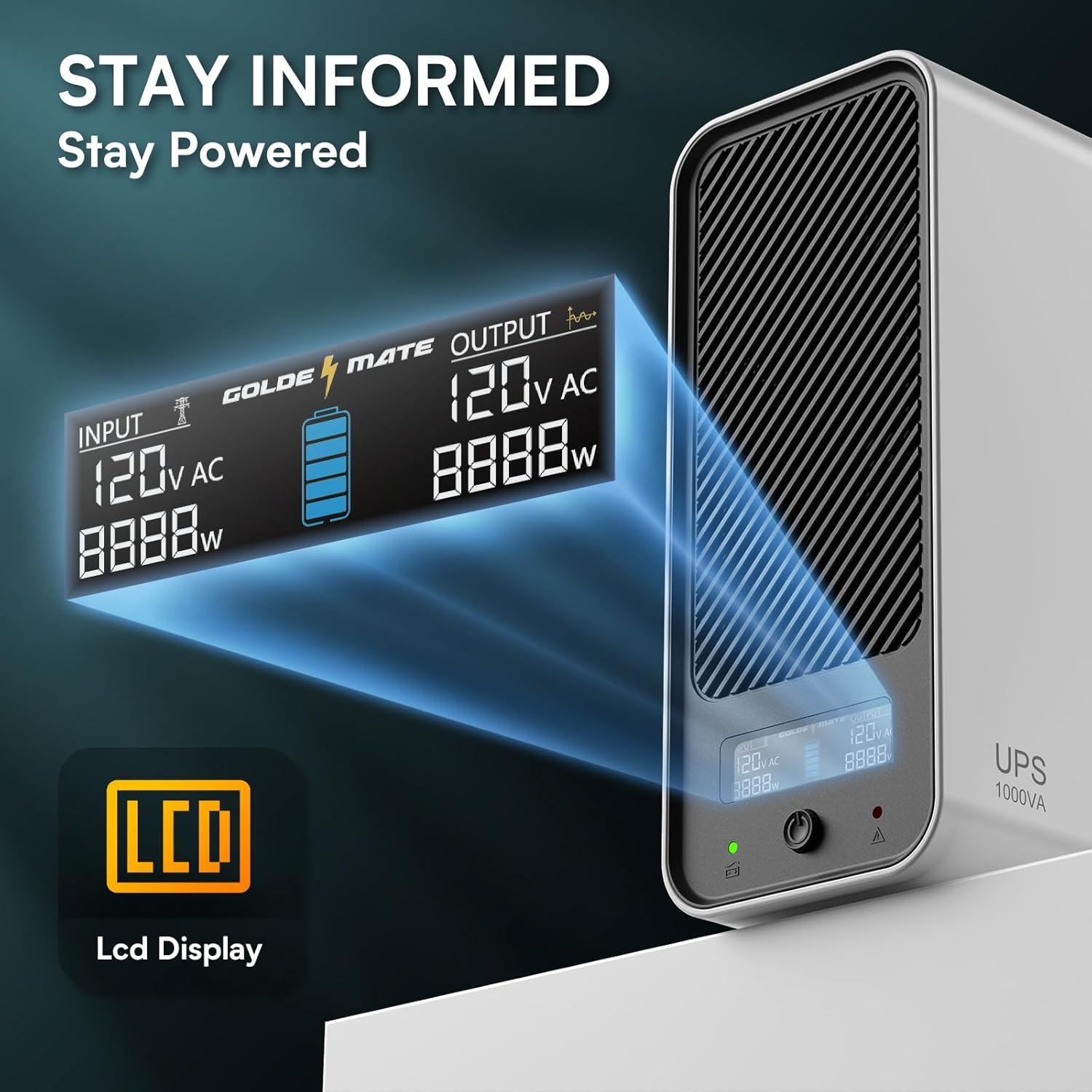 UPS 1000VA GOLDENMATE 800W 8 Salidas Batería LiFePO4