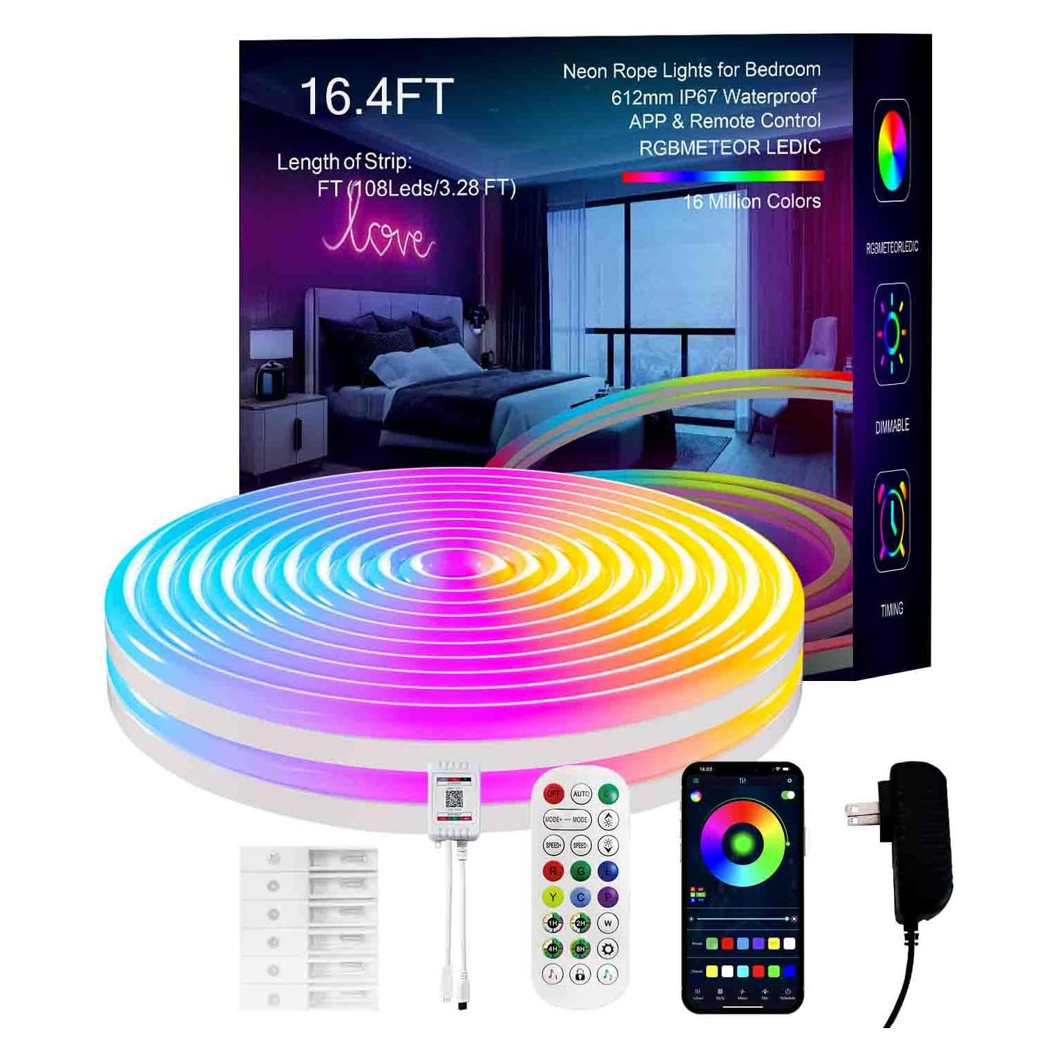 Neon Rope Lights,10FT ICRGB LED Strip Light,Outdoor IP67 Waterproof,Control with App/Remote,Music Sync Gaming Led Neon Strip Lights,for Bedroom Room Outdoors Decor