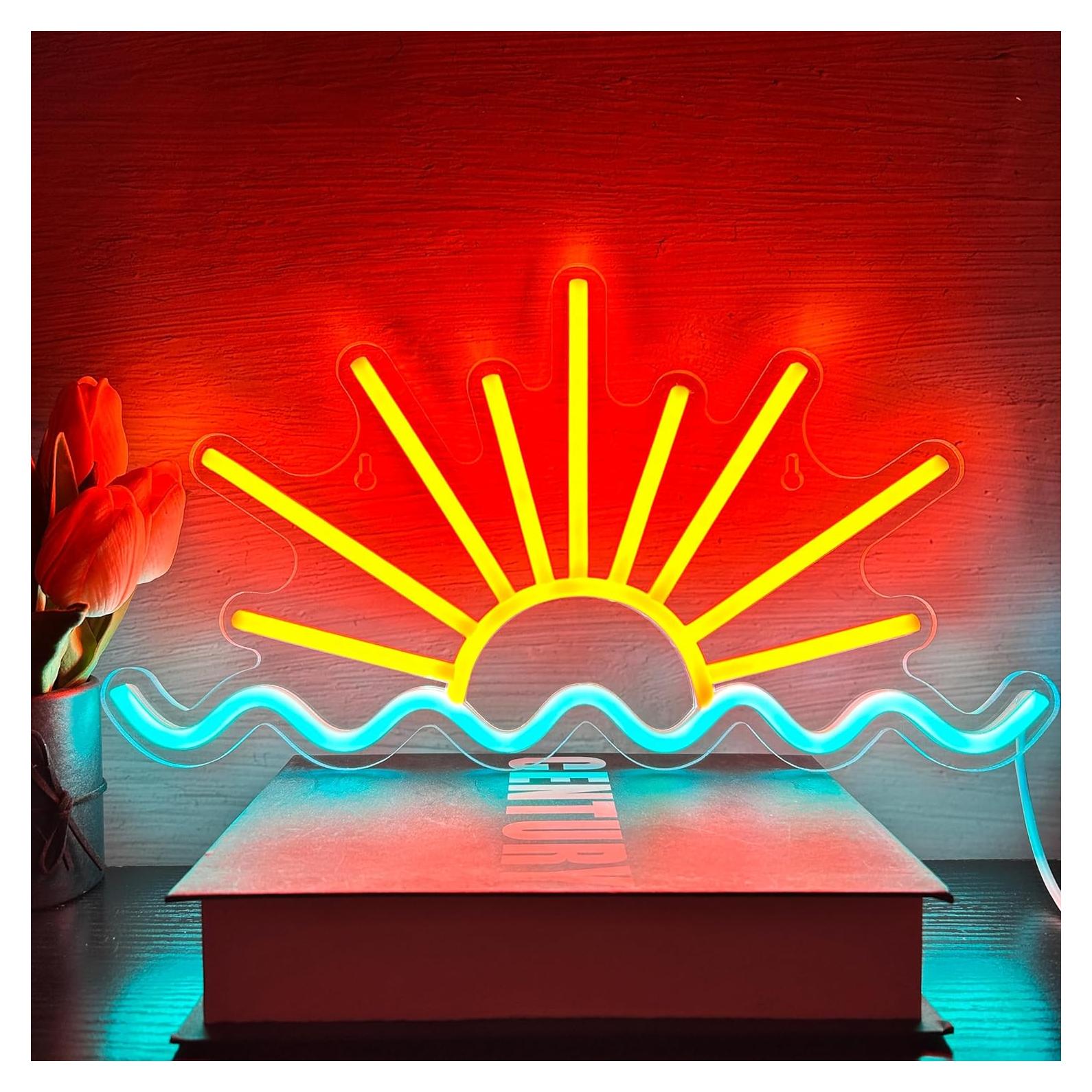 Sunrise Sunset Neon Sign Sun Wave Neon Signs for Bedroom, Beach Bar, Party, Man Cave, Living Room Wall Decor USB Powered Led Neon Light Sign with Dimmer Switch