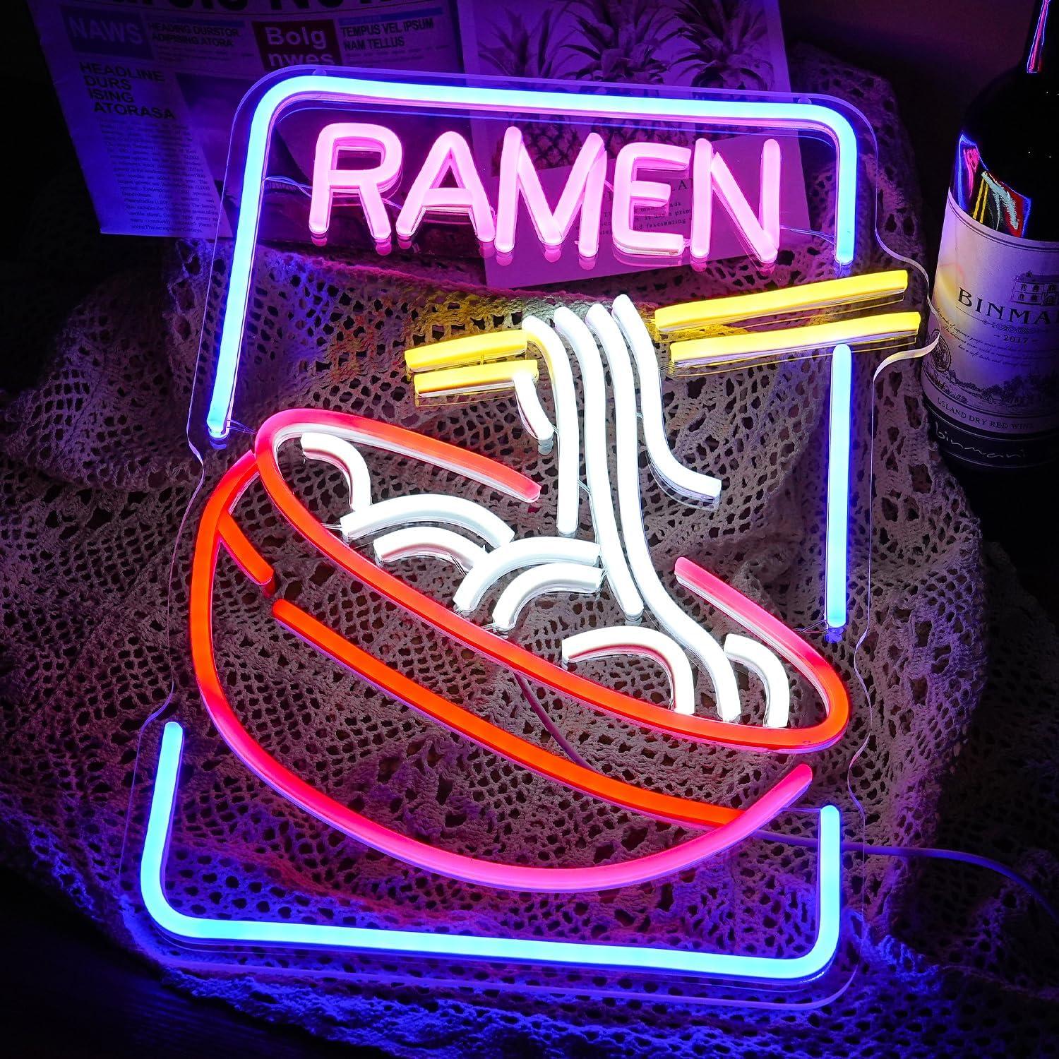Ramen Neon Sign Noodle Led Neon Lights for Wall Decor Neon Ramen Light up Sign Powered by USB Multi colored Neon Lights for Restaurant Ramen Shop Window（16.5’’X12’’）