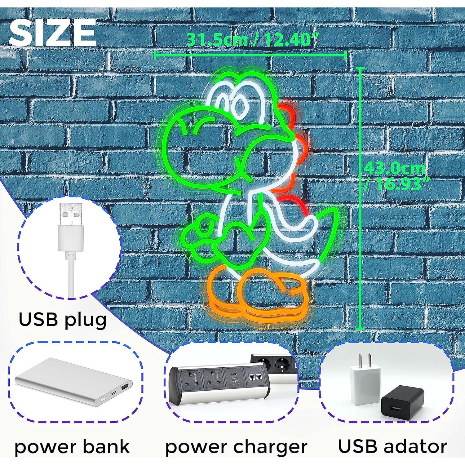 Anime Neon Sign Dinosaurs Neon Sign Dimmable LED Neon Lights for Bedroom Wall Decor Game Room Decor Mario Decor for Kids Boys Man Cave, Gifts for Mario Fans