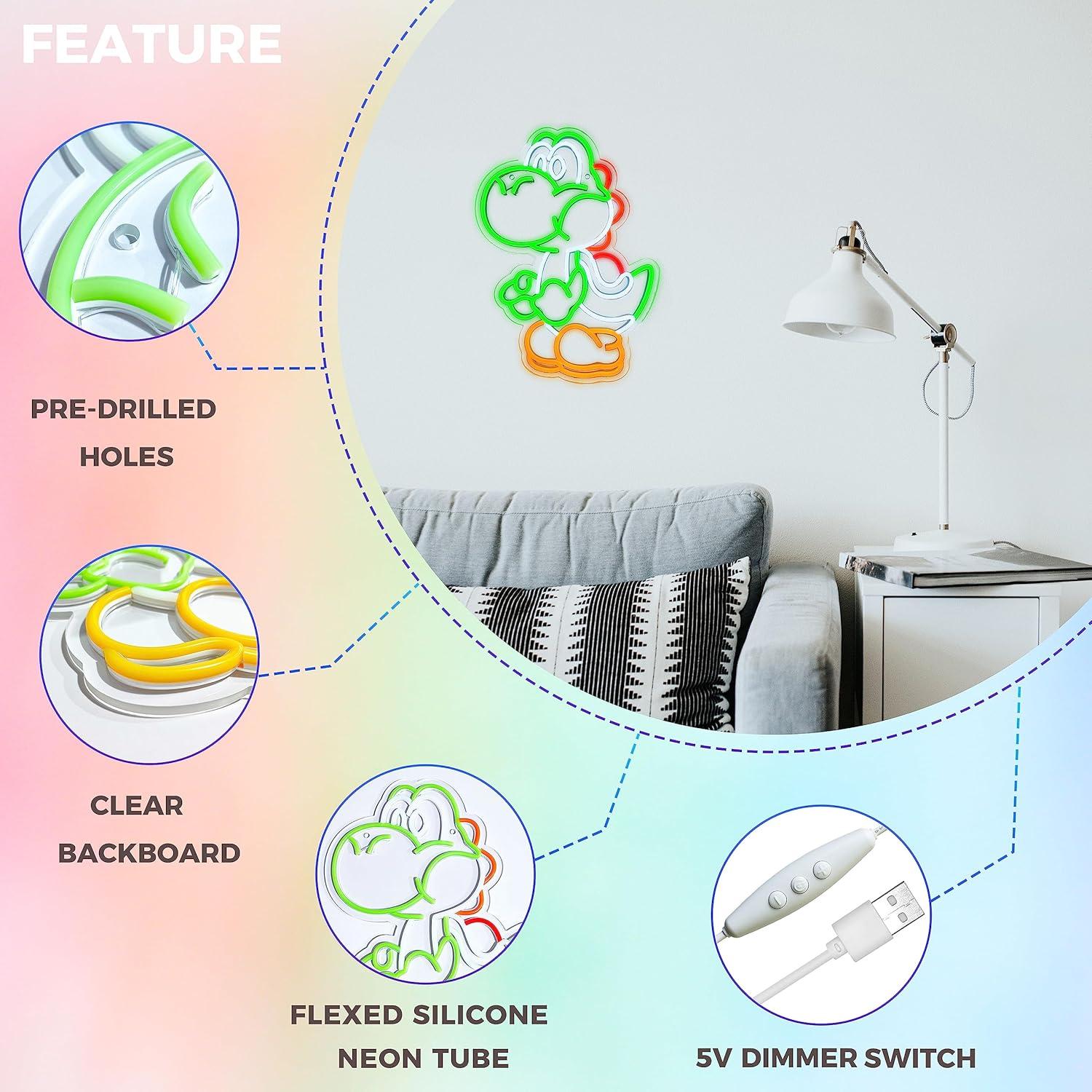 Anime Neon Sign Dinosaurs Neon Sign Dimmable LED Neon Lights for Bedroom Wall Decor Game Room Decor Mario Decor for Kids Boys Man Cave, Gifts for Mario Fans