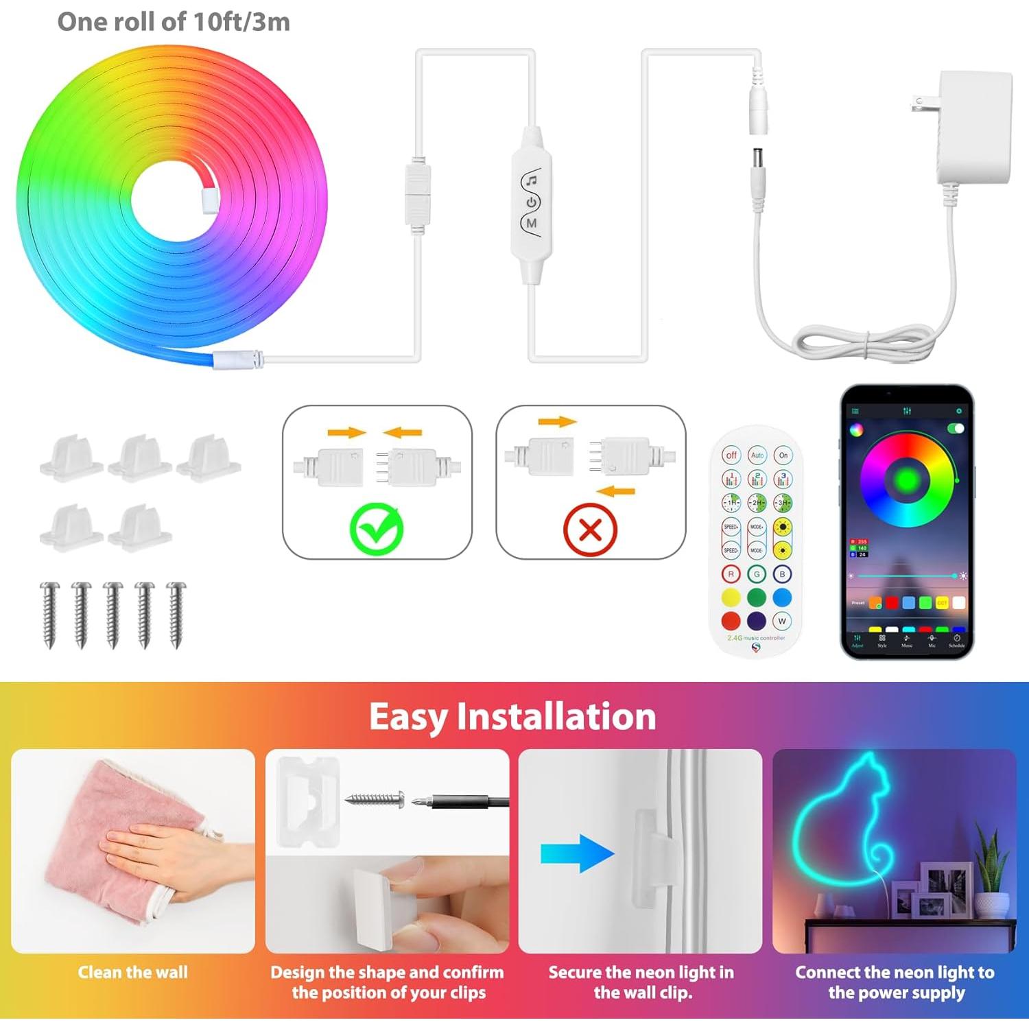 Luces de Cuerda Neón LED HOUHUI 3m RGB Control Remoto IP67