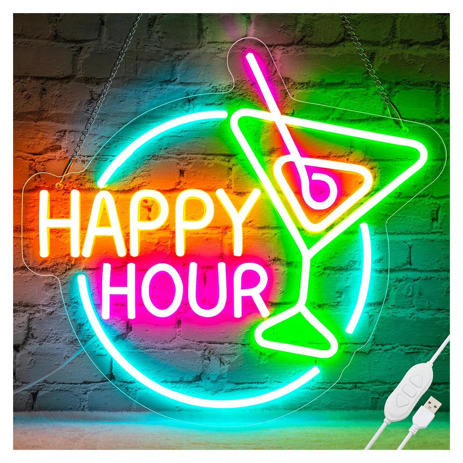 Cartel de Neón Hora Feliz LED Basaneon 35.8x31.8 cm USB