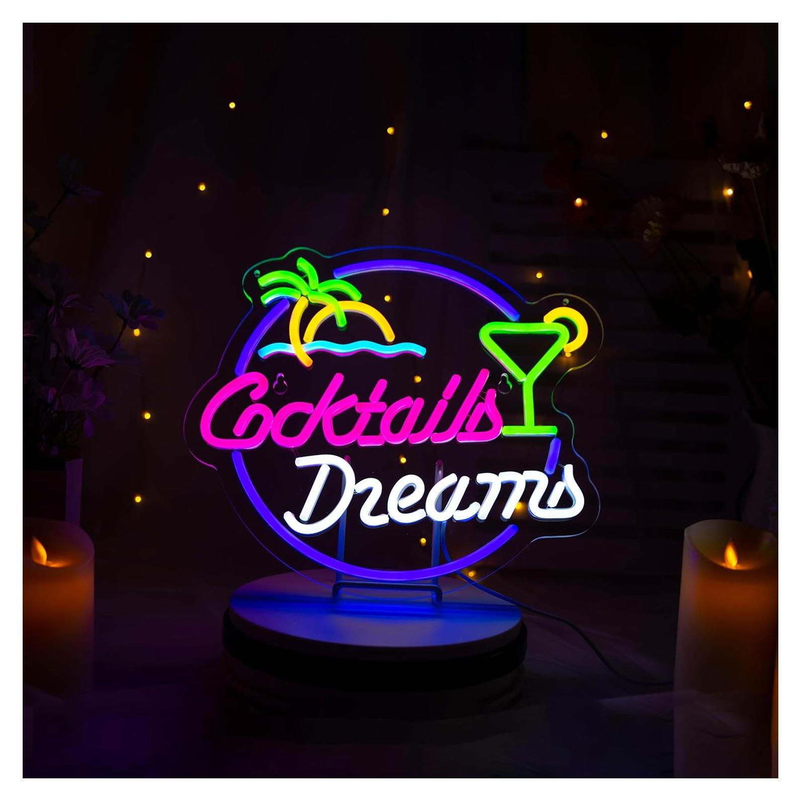 Cocktails and Dreams Palm Neon Sign for Wall Decor Neon Signs with Dimmable Switch LED Neon Signs Bedroom Room Home Beer Bar Art Neon Light Sign