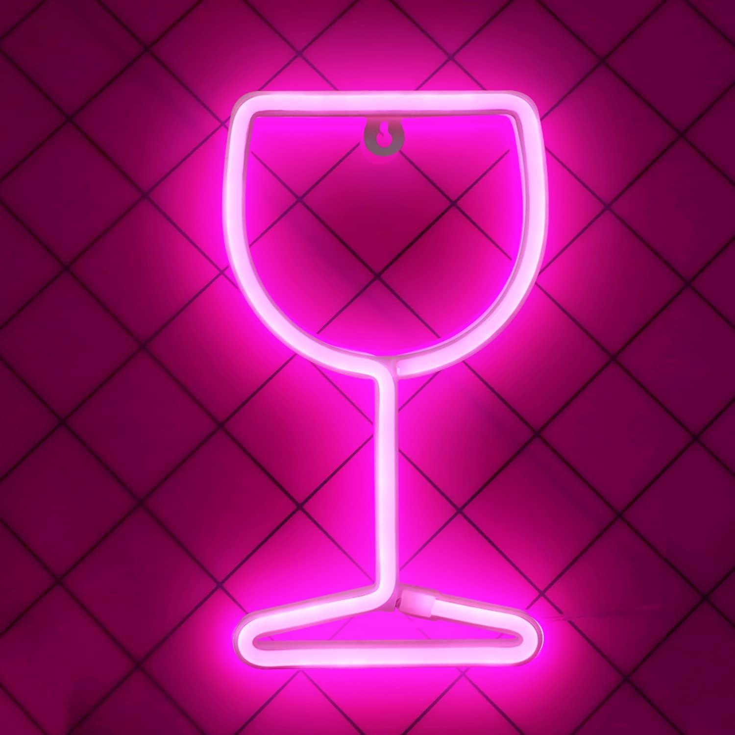 Lámpara de Neón LED Vaso de Vino Rosa - Decoración de Pared