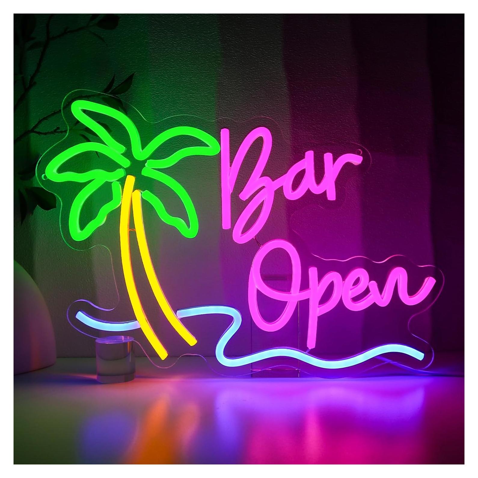 Bar Open Sign for Business, Neon Open Sign, USB Dimmable Palm Tree Neon Lights for Beer Bar Coffee Cafe Home Pub Man Cave Stores Hotel Party Window Wall Decor Restaurant