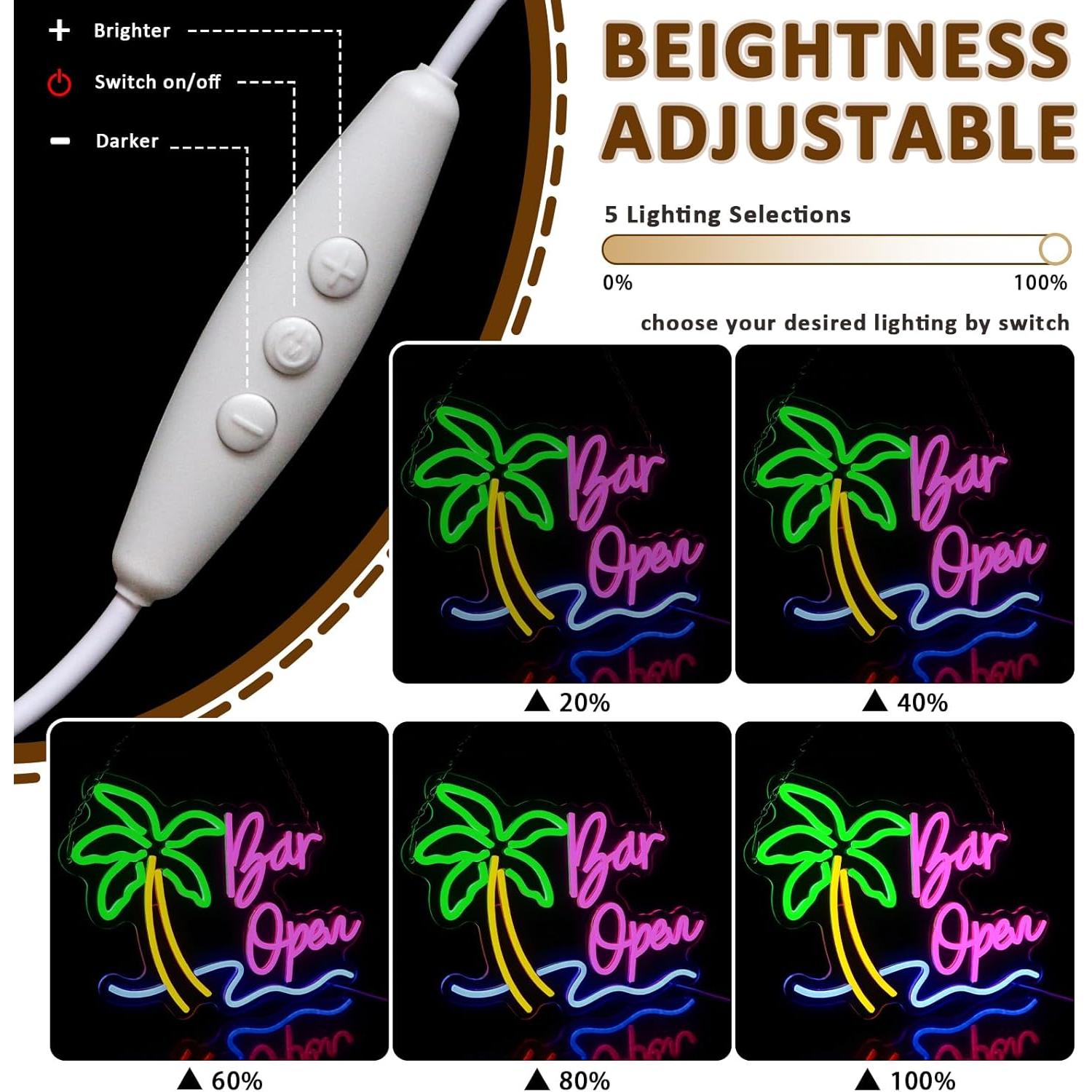 Bar Open Sign for Business, Neon Open Sign, USB Dimmable Palm Tree Neon Lights for Beer Bar Coffee Cafe Home Pub Man Cave Stores Hotel Party Window Wall Decor Restaurant