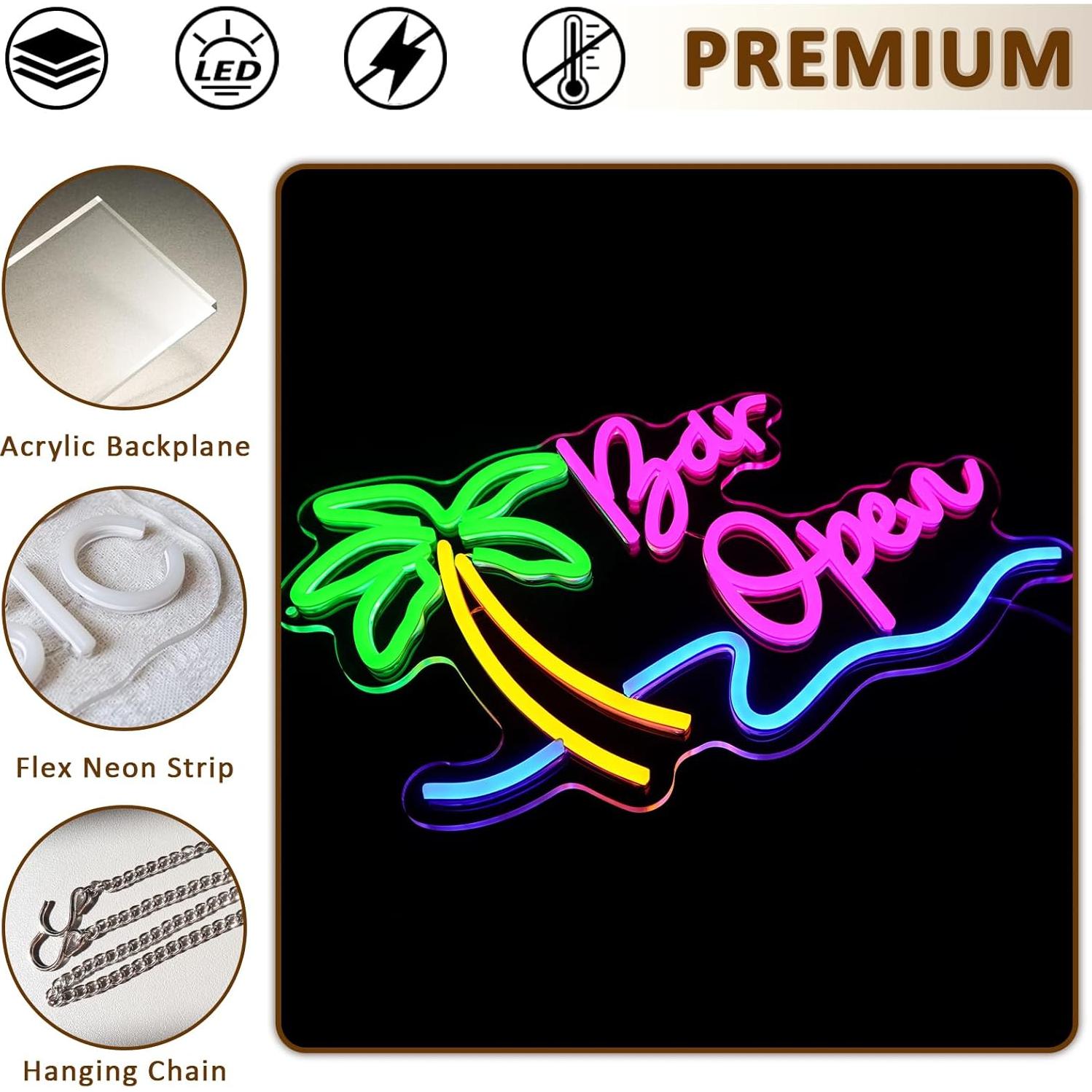 Bar Open Sign for Business, Neon Open Sign, USB Dimmable Palm Tree Neon Lights for Beer Bar Coffee Cafe Home Pub Man Cave Stores Hotel Party Window Wall Decor Restaurant