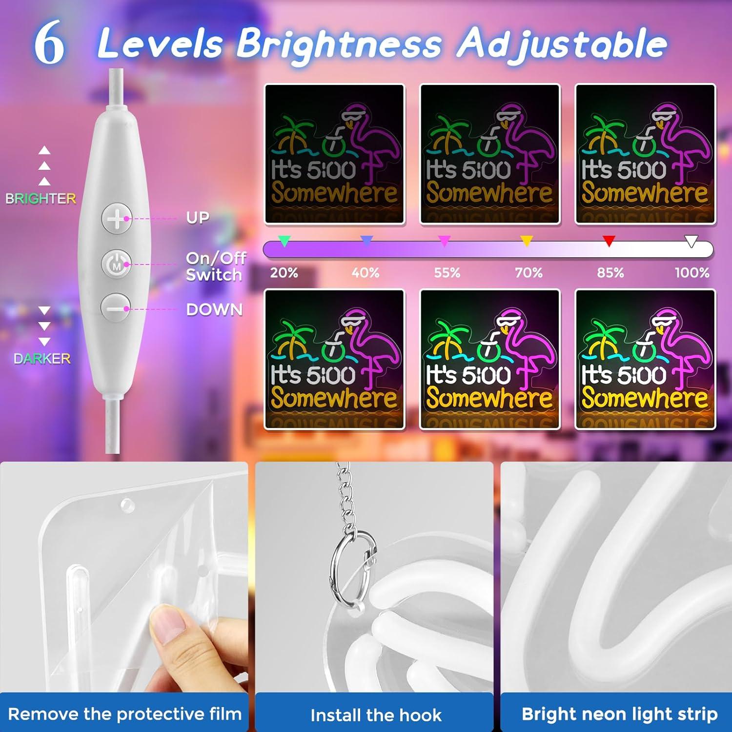 Its 5 00 O'clock Some Where Neon Signs for Wall Decor, Dimmable Neon Light Sign for Man Cave with ON/OFF Switch, USB Powered LED Light Up Beer Sign for Home Bar, 12.6 * 16.2''