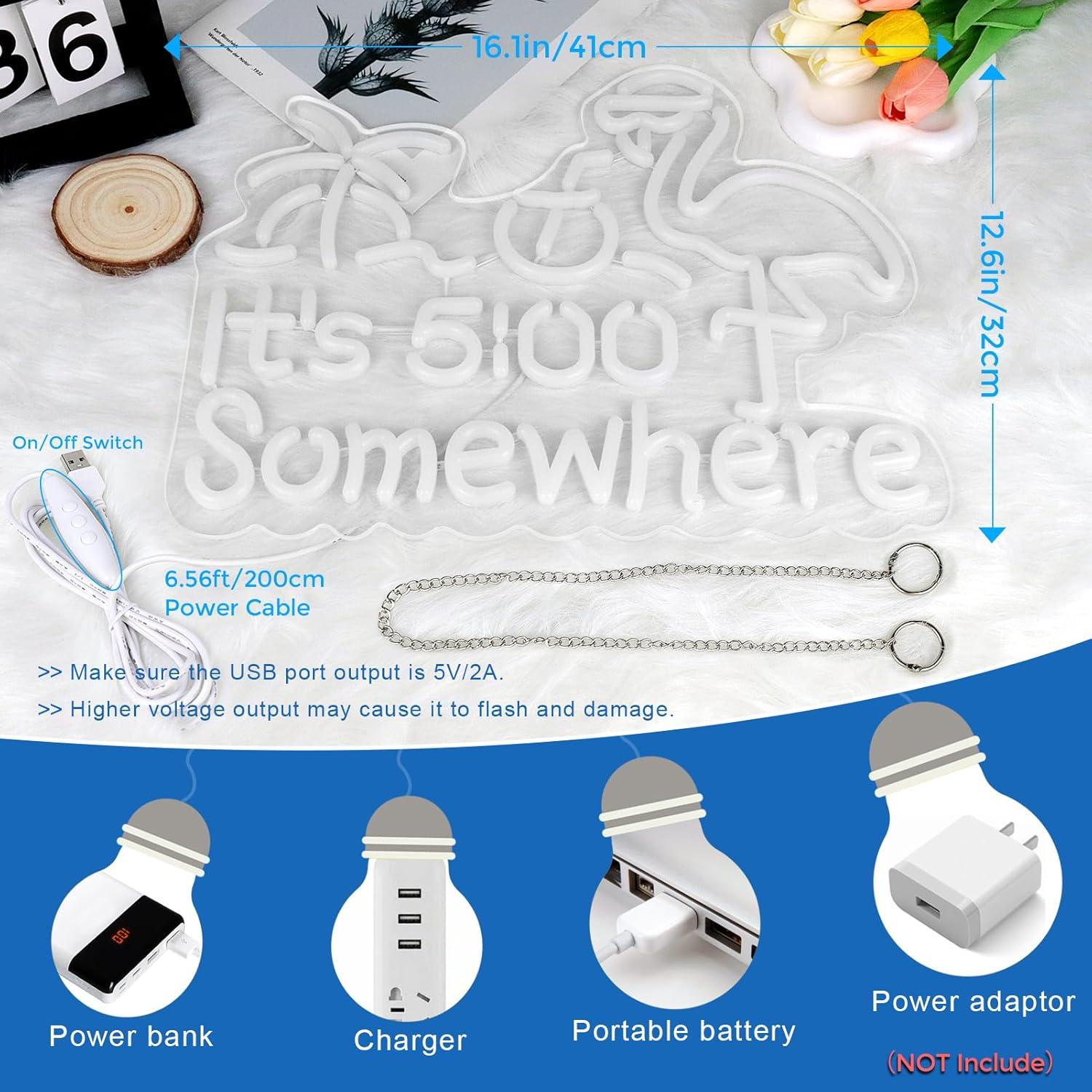 Its 5 00 O'clock Some Where Neon Signs for Wall Decor, Dimmable Neon Light Sign for Man Cave with ON/OFF Switch, USB Powered LED Light Up Beer Sign for Home Bar, 12.6 * 16.2''