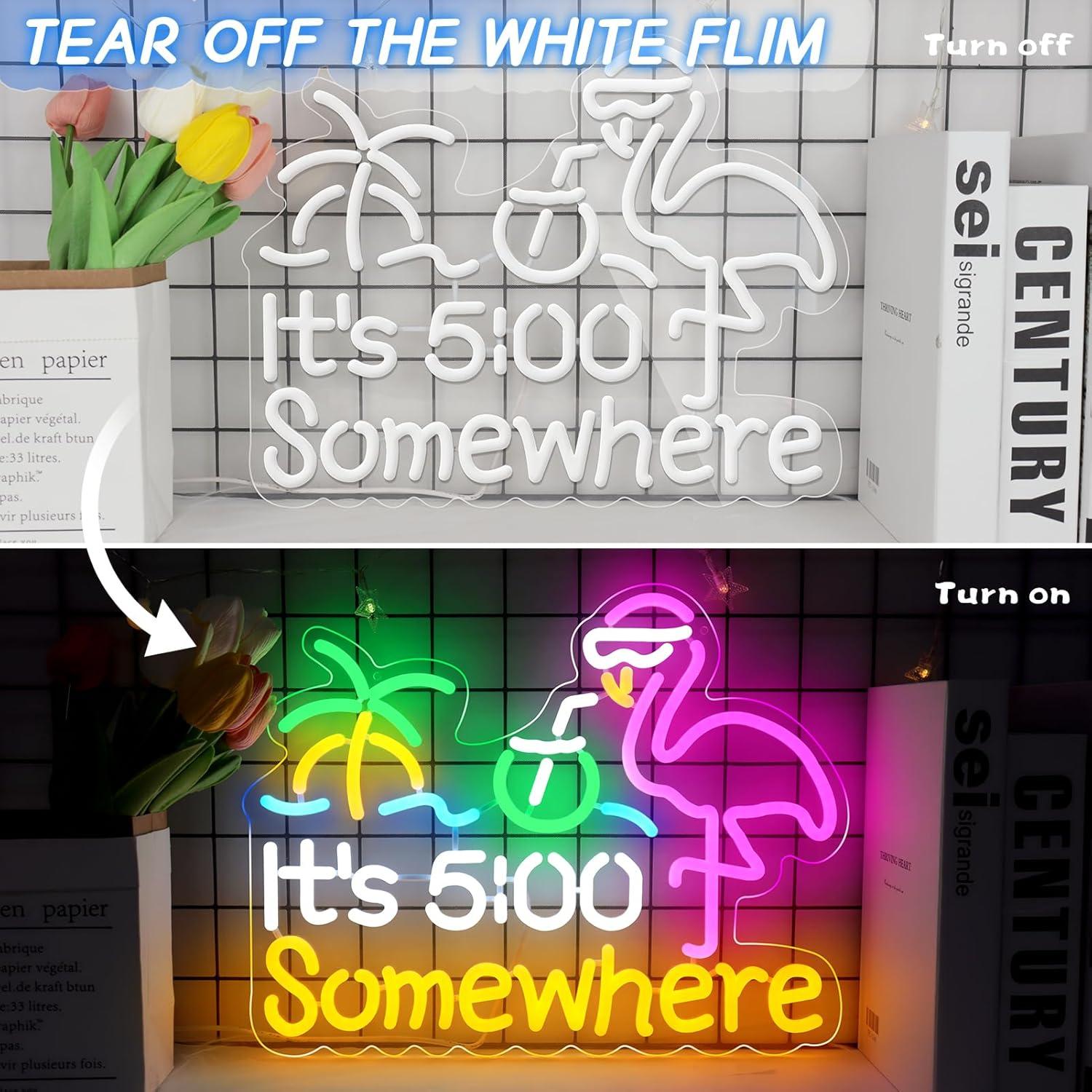 Its 5 00 O'clock Some Where Neon Signs for Wall Decor, Dimmable Neon Light Sign for Man Cave with ON/OFF Switch, USB Powered LED Light Up Beer Sign for Home Bar, 12.6 * 16.2''