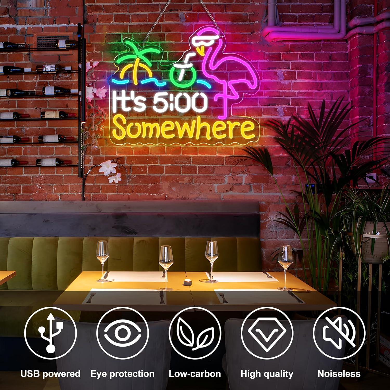 Its 5 00 O'clock Some Where Neon Signs for Wall Decor, Dimmable Neon Light Sign for Man Cave with ON/OFF Switch, USB Powered LED Light Up Beer Sign for Home Bar, 12.6 * 16.2''