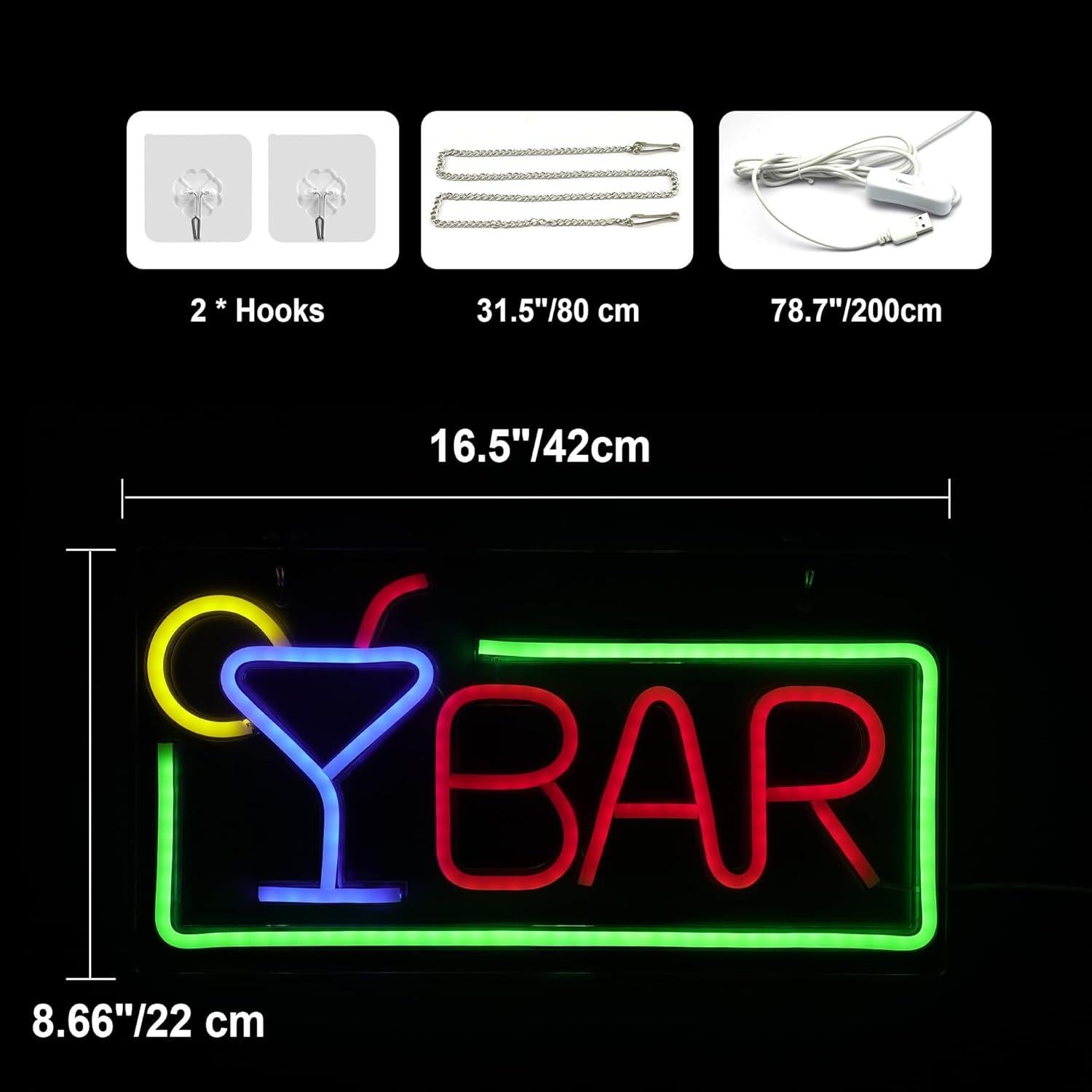 Bar Neon Signs, Dimmable Bar LED Neon Light Signs USB Powered for Home Bars, Bistro, Pub, Cocktail Beer Man Cave, Birthday, Father's Day Gifts