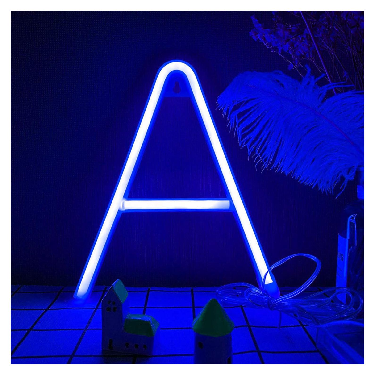 Blue Neon Letters Light LED Letter Signs USB/Battery Powered Lights LED Alphabet Sign Marquee Letter Decor Night Lights for Birthday Anniversary Bar Christmas Gifts Wedding Party Decoration (A)